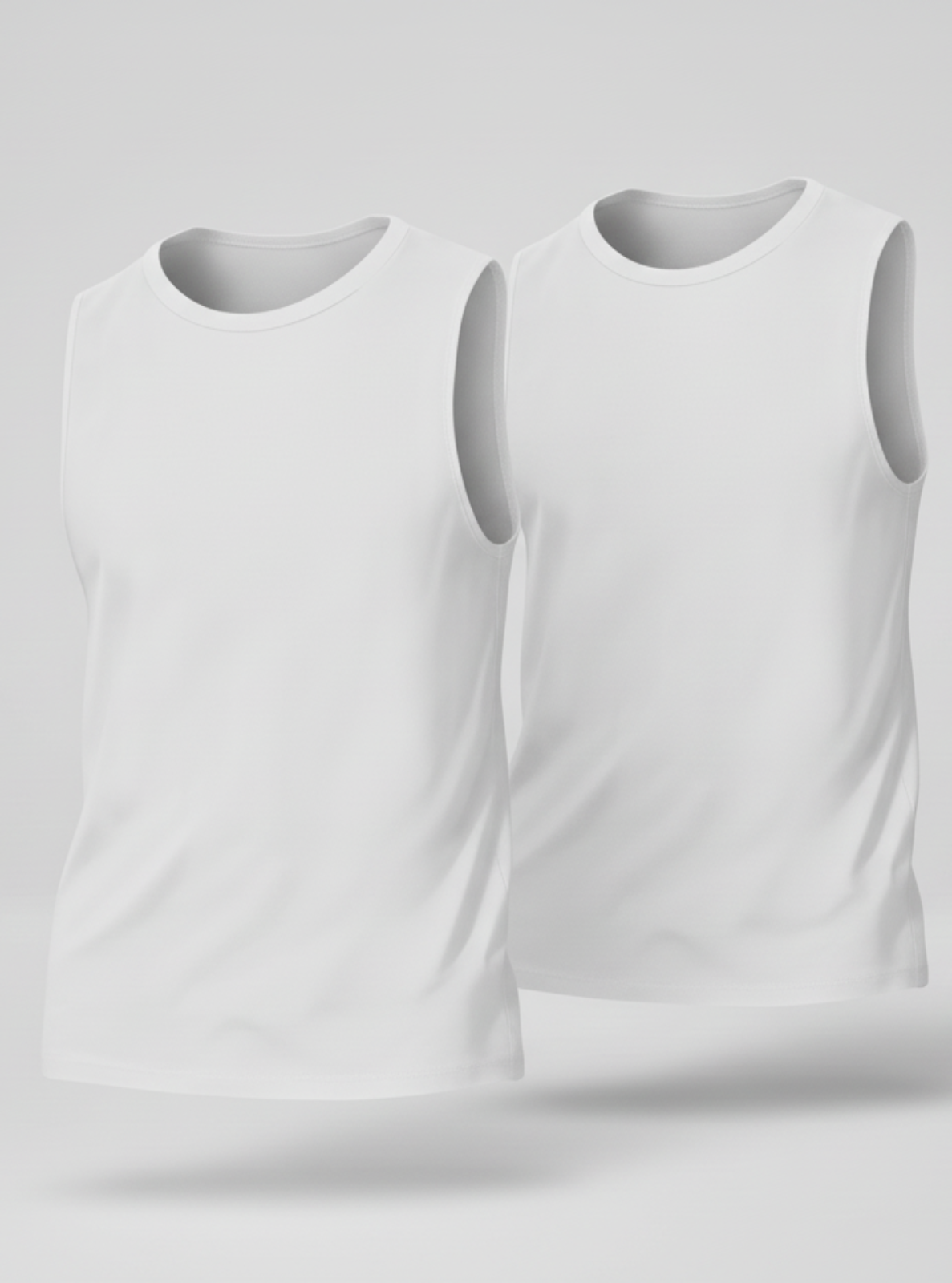 Two white tank tops on a light gray background