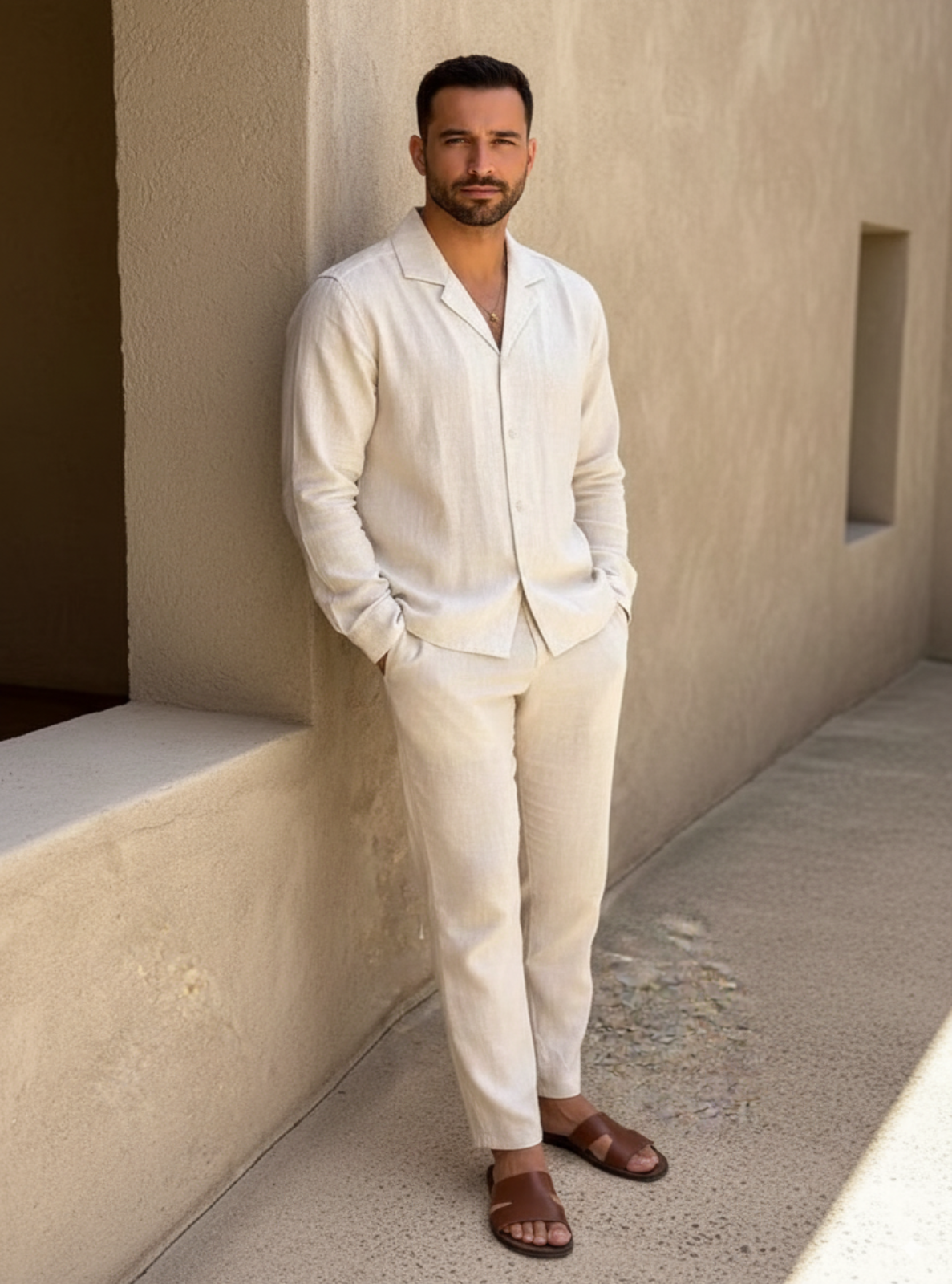 Man wearing a beige linen suit leaning against a textured wall.