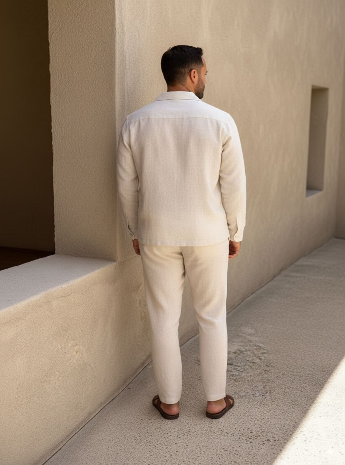 Man in a beige outfit standing against a neutral wall.