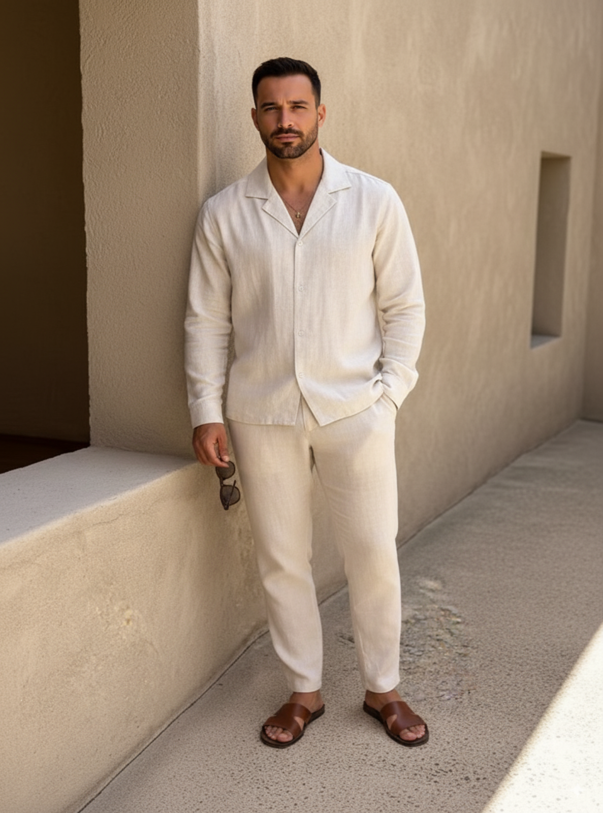 Man in a white linen shirt and pants standing against a beige wall.