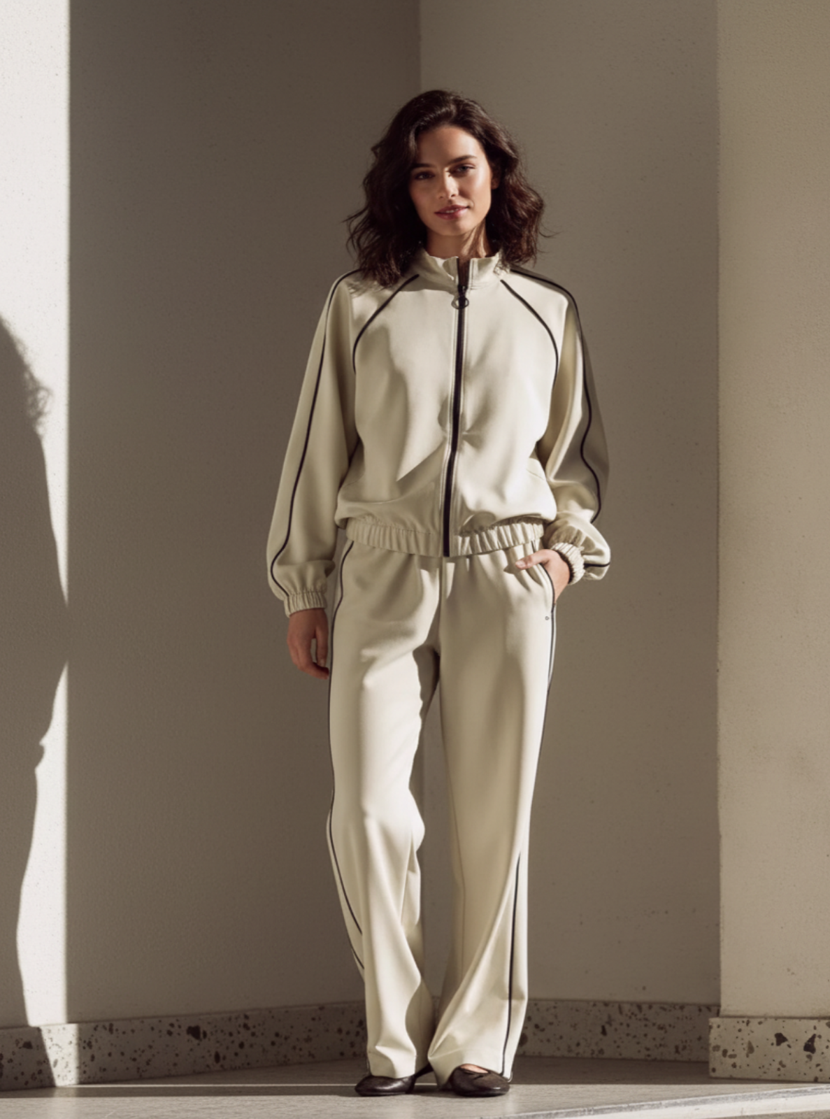 Woman wearing a beige tracksuit standing against a plain wall.