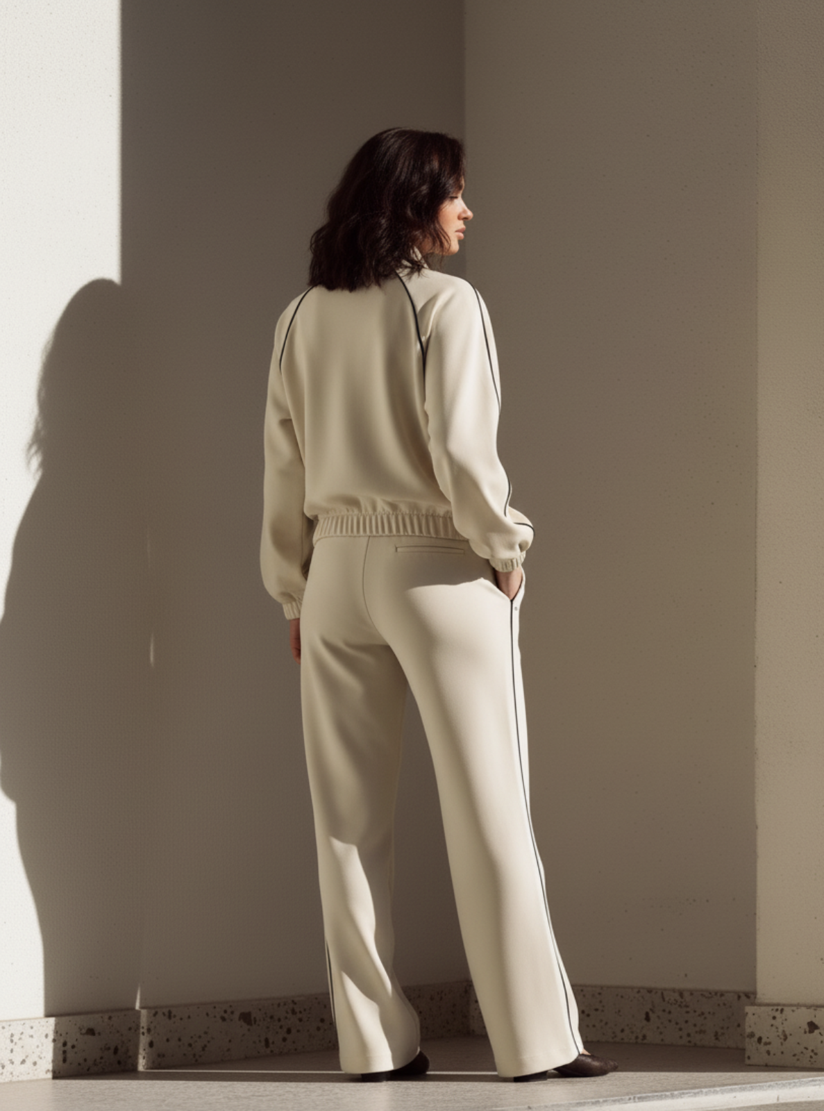 Woman wearing a beige sweater and pants standing against a plain wall.