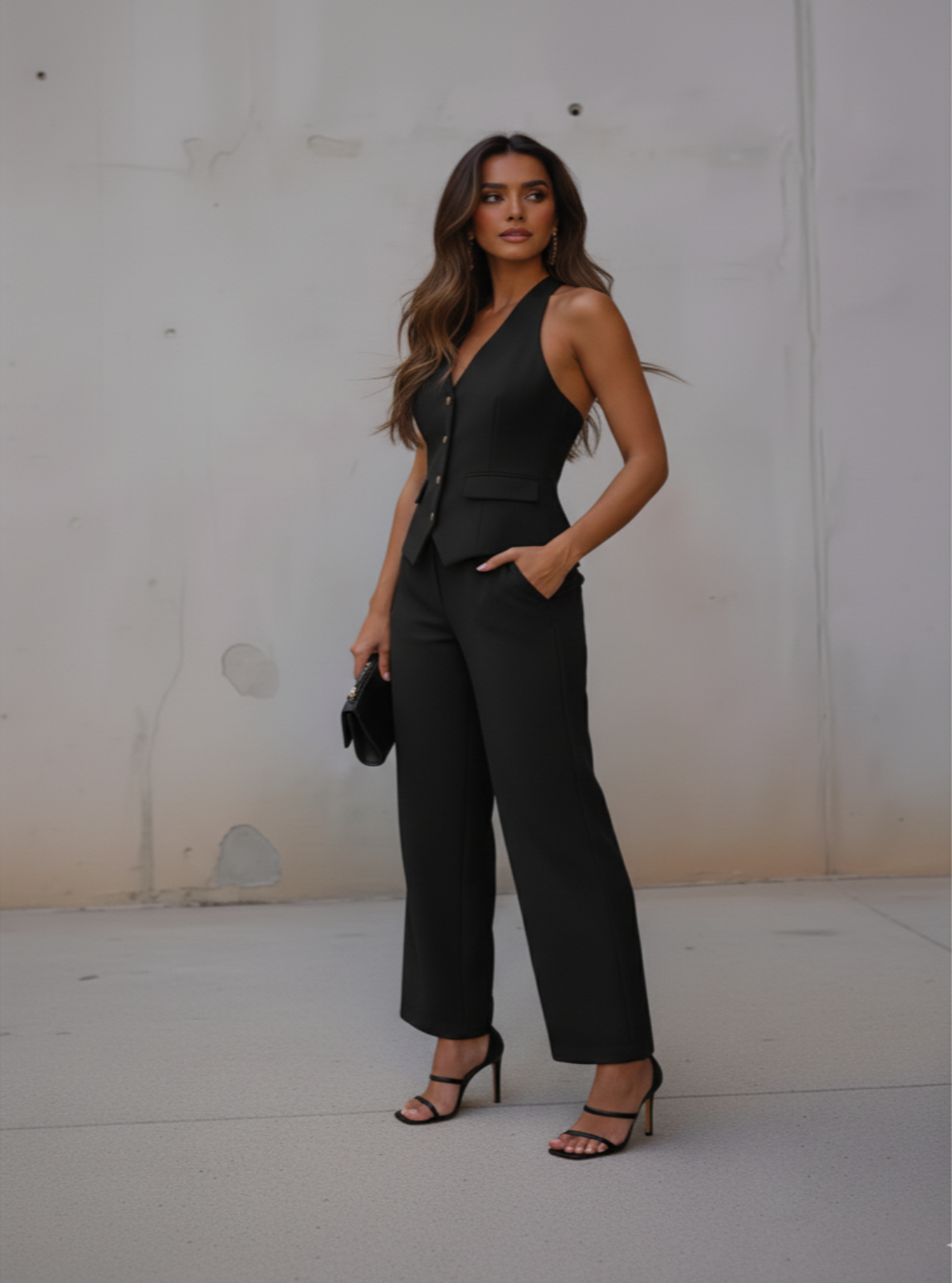 Woman in a black outfit standing against a plain wall.