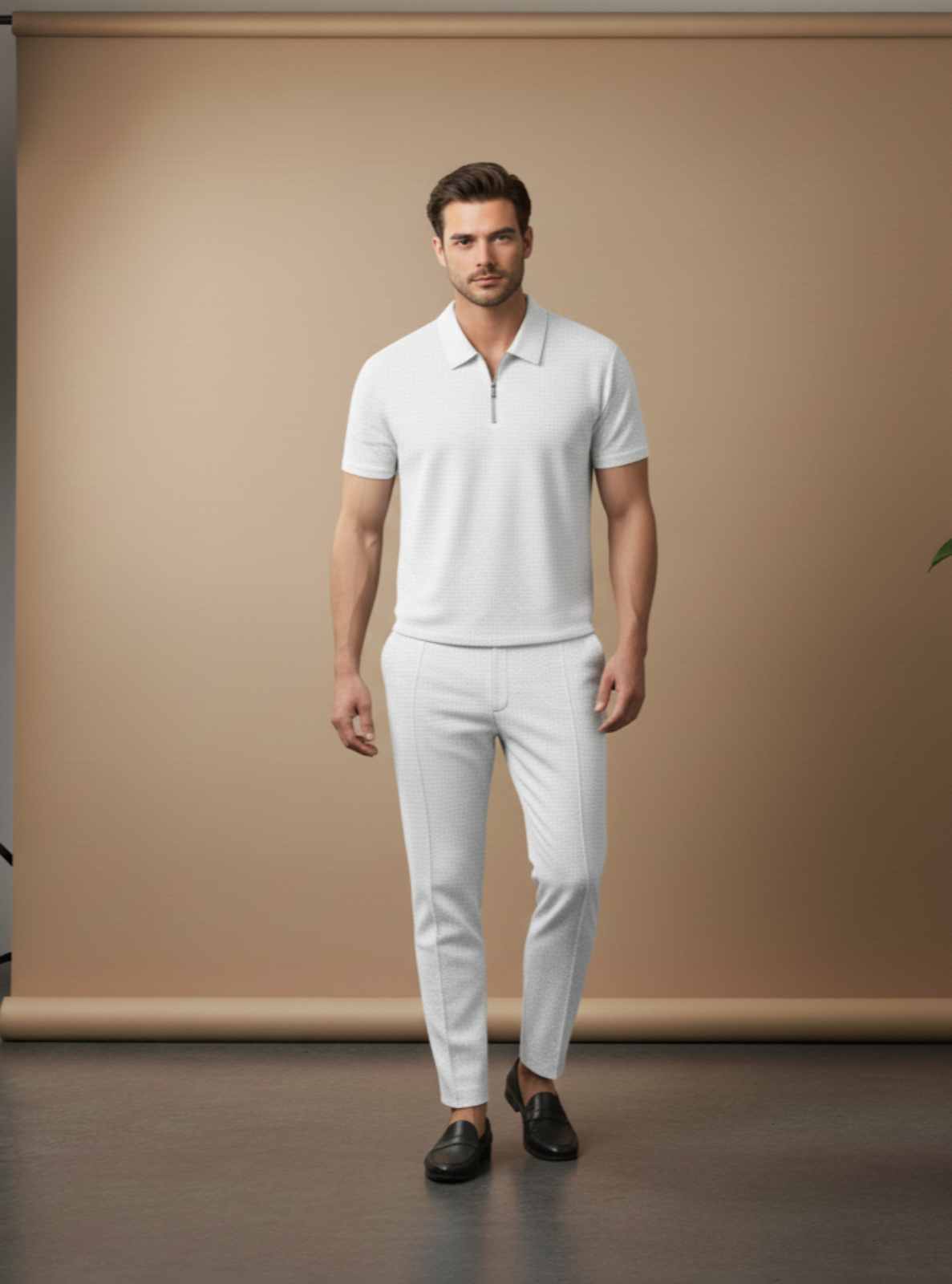 Man wearing a white polo shirt and pants standing in front of a beige backdrop.