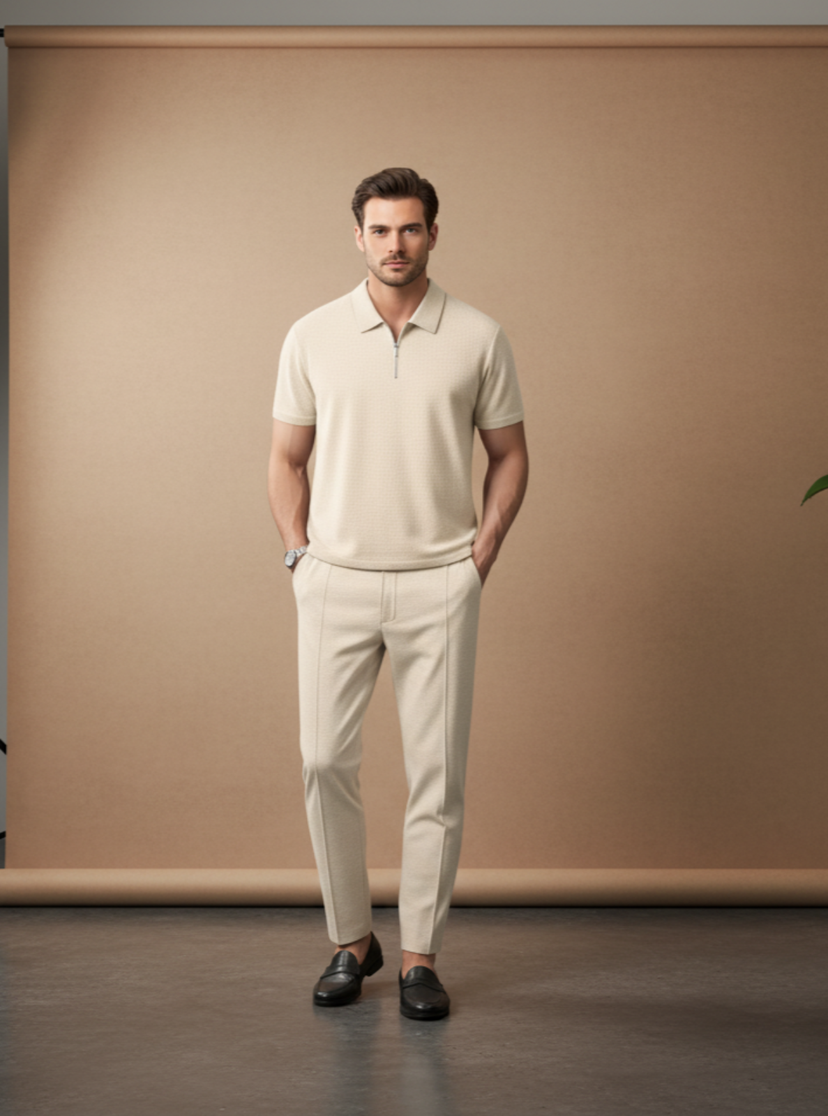 Man wearing a beige polo shirt and pants standing in front of a brown backdrop with studio equipment.