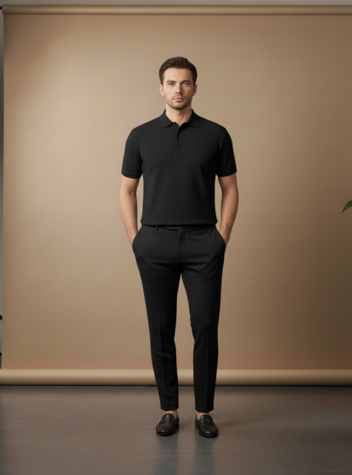 Man wearing a black polo shirt and pants standing against a beige backdrop.
