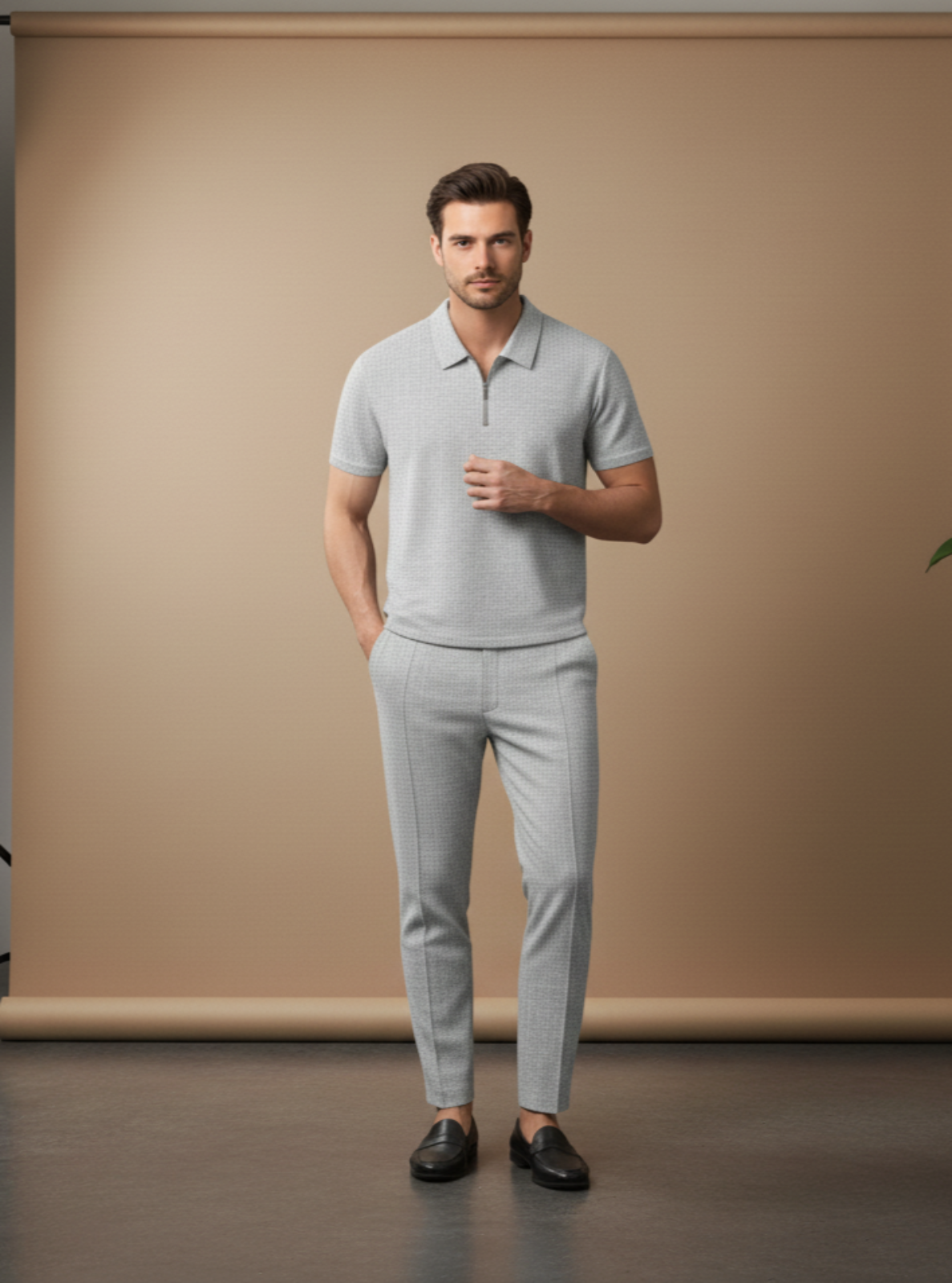 Man wearing a light gray outfit standing in front of a beige backdrop with studio equipment around.