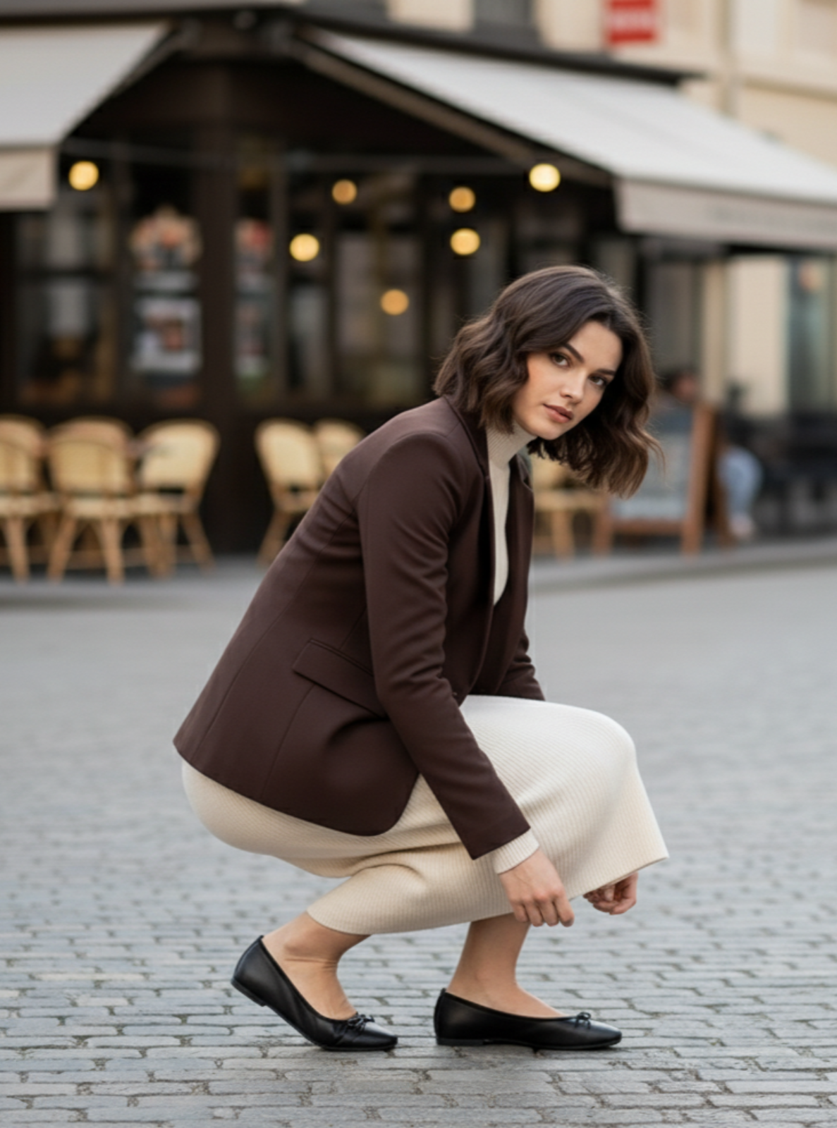 Woman in a brown blazer and white pants crouching on a street with blurred background
