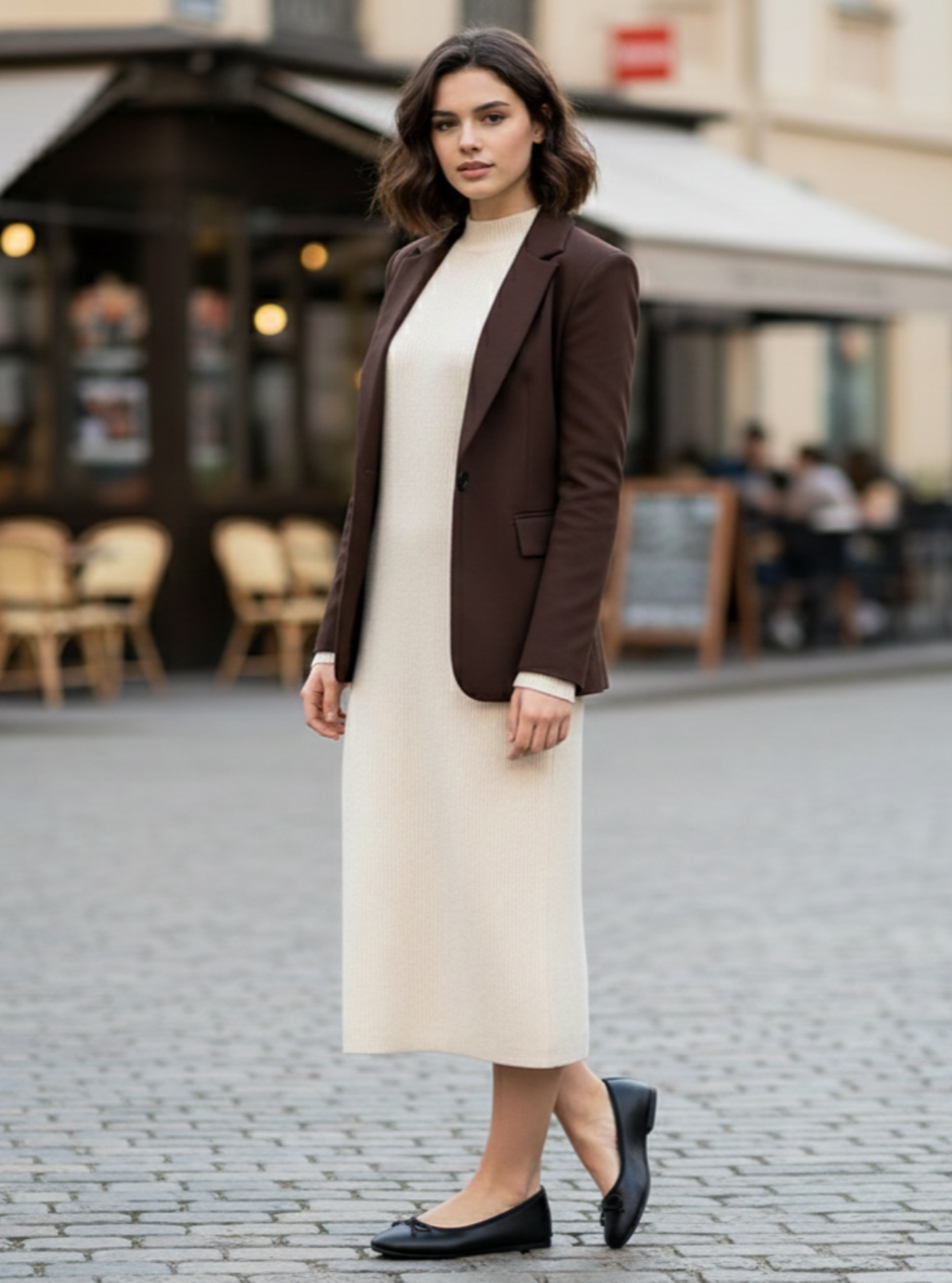 Woman wearing a brown blazer over a white dress on a city street.