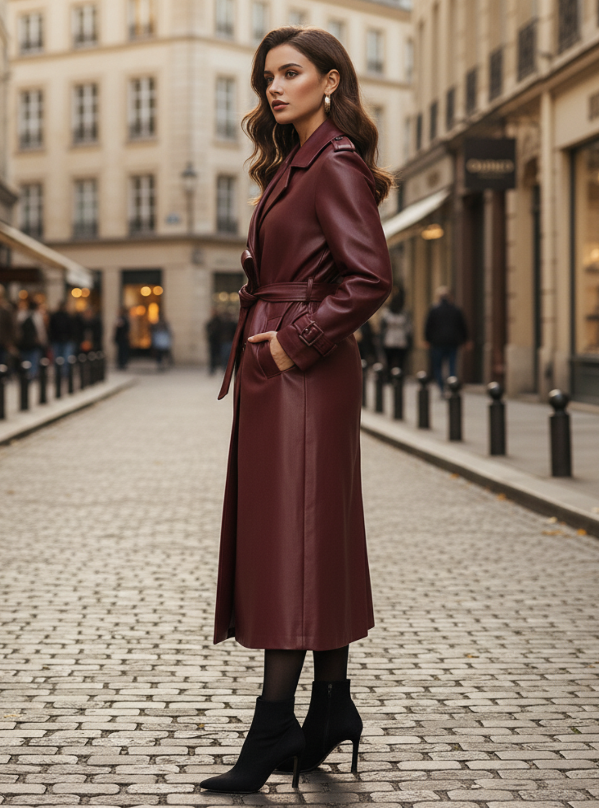 Woman in a long burgundy coat standing on a cobbled street in an urban setting.