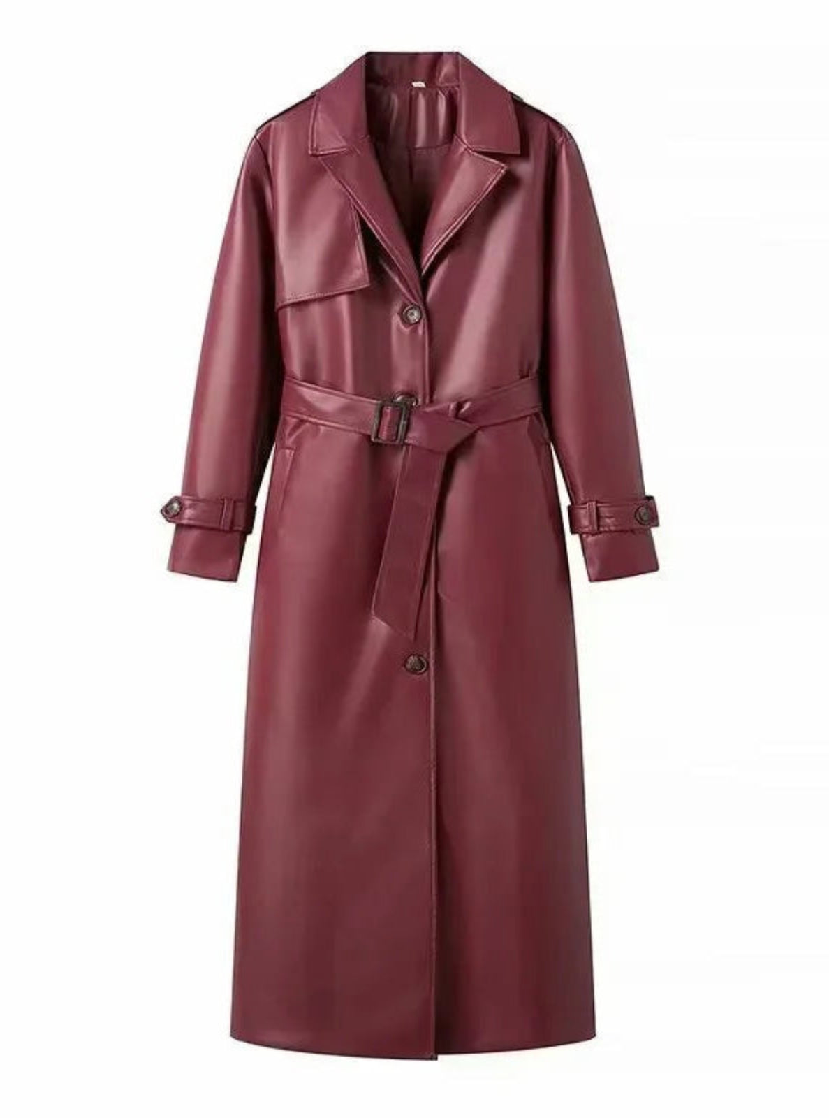 Maroon leather trench coat on a white background