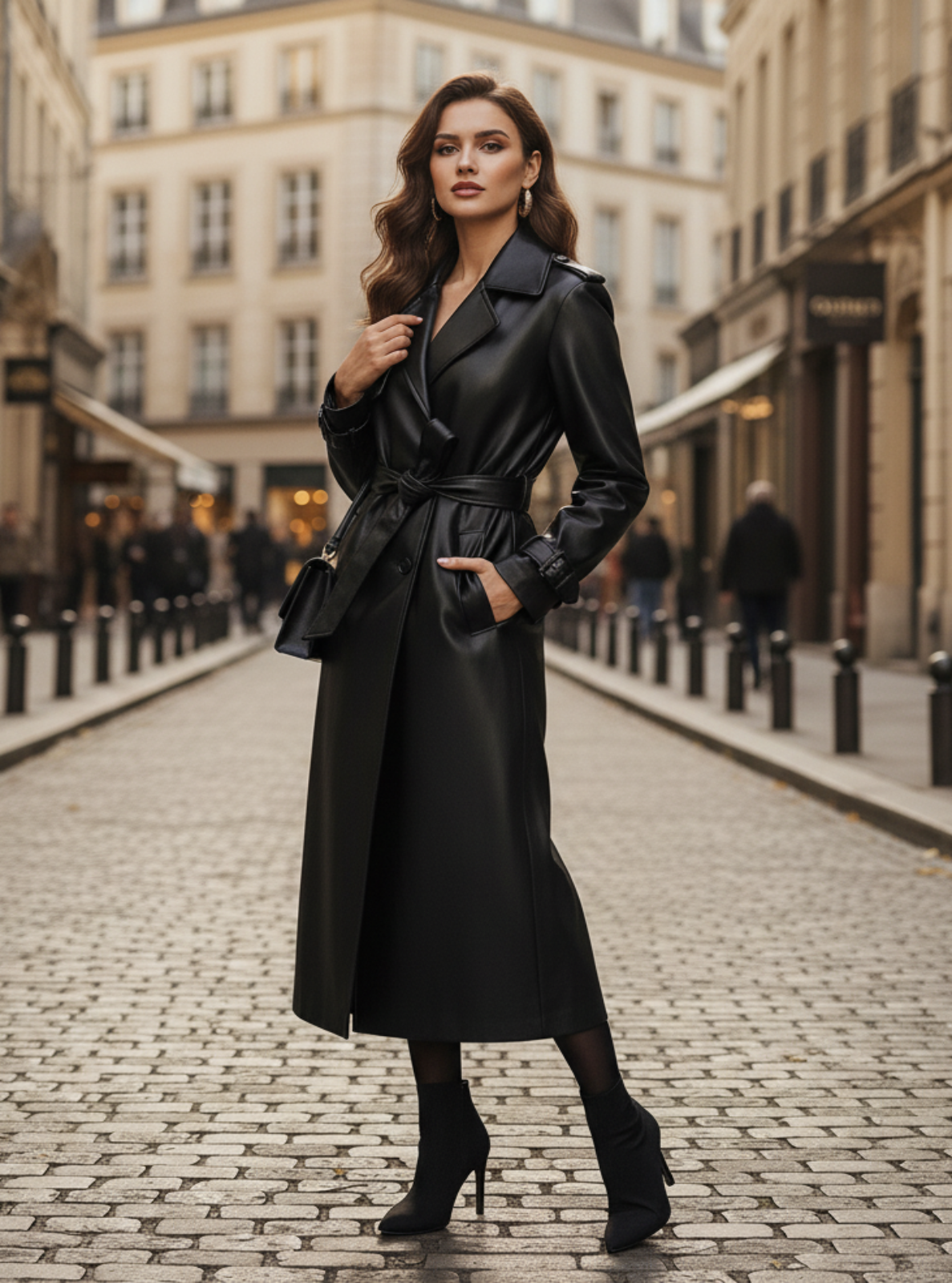 Woman in a black coat standing on a cobbled street in an urban setting