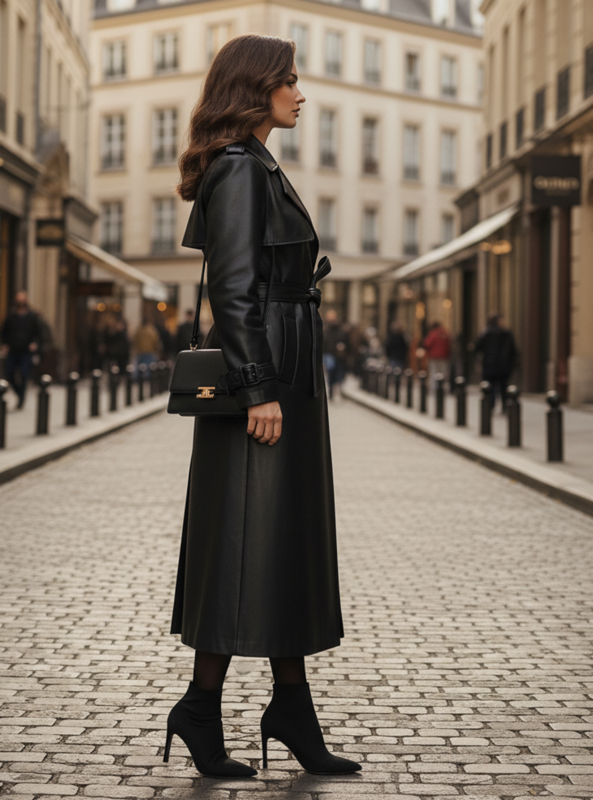 Woman in a black coat standing on a city street
