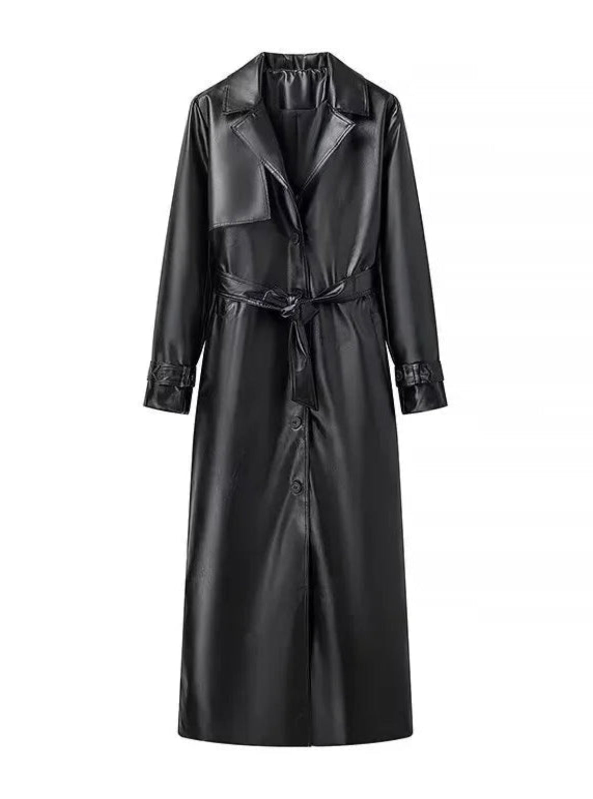 Black leather trench coat on a white background