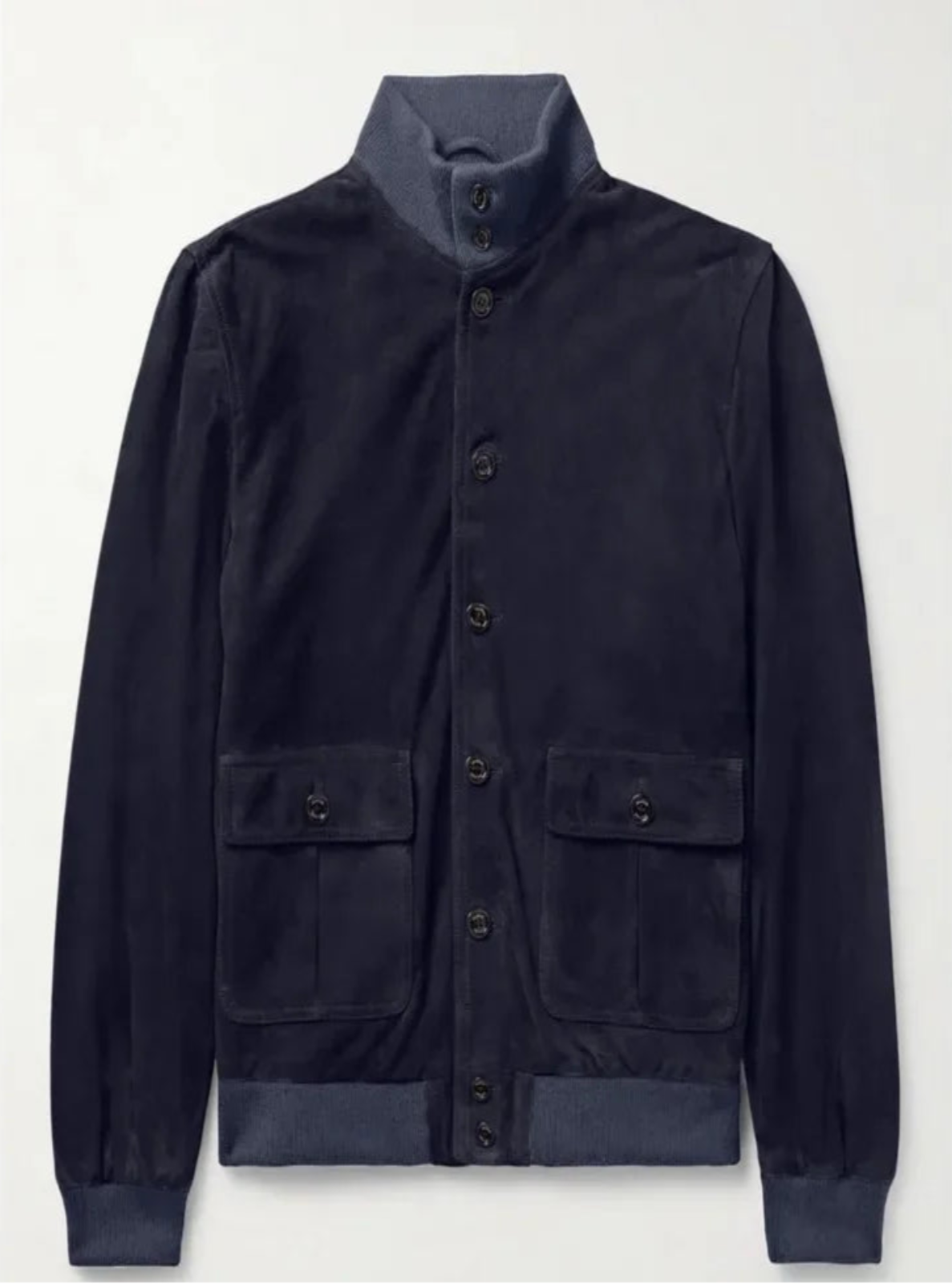 Navy blue jacket with button details on a white background