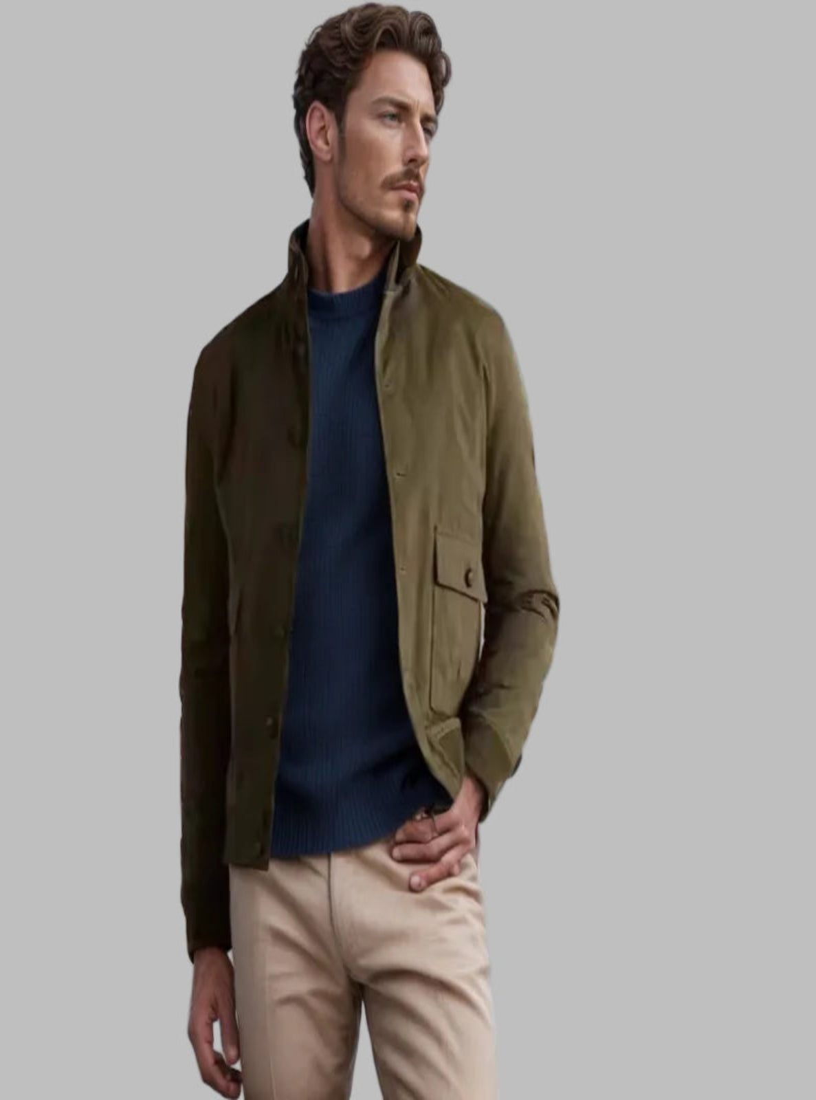 Man wearing a green jacket over a blue shirt with beige pants against a cloudy sky.
