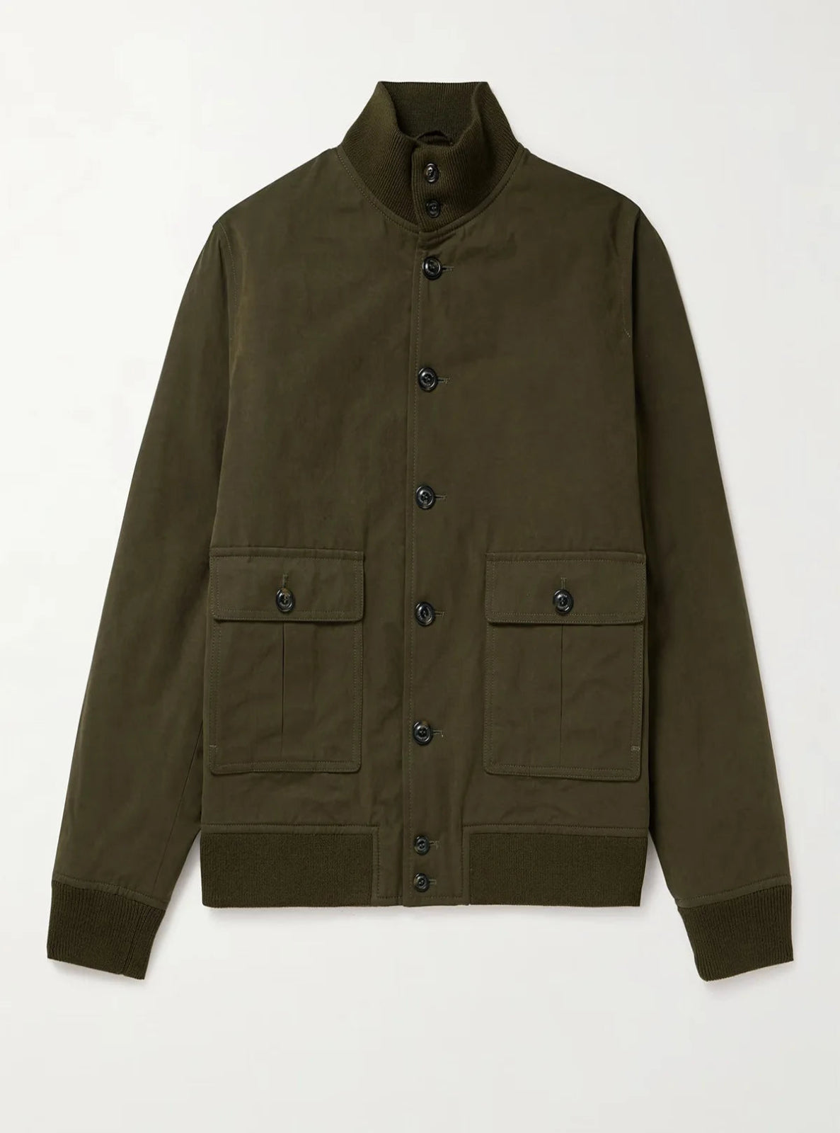 Green jacket with button details on a white background