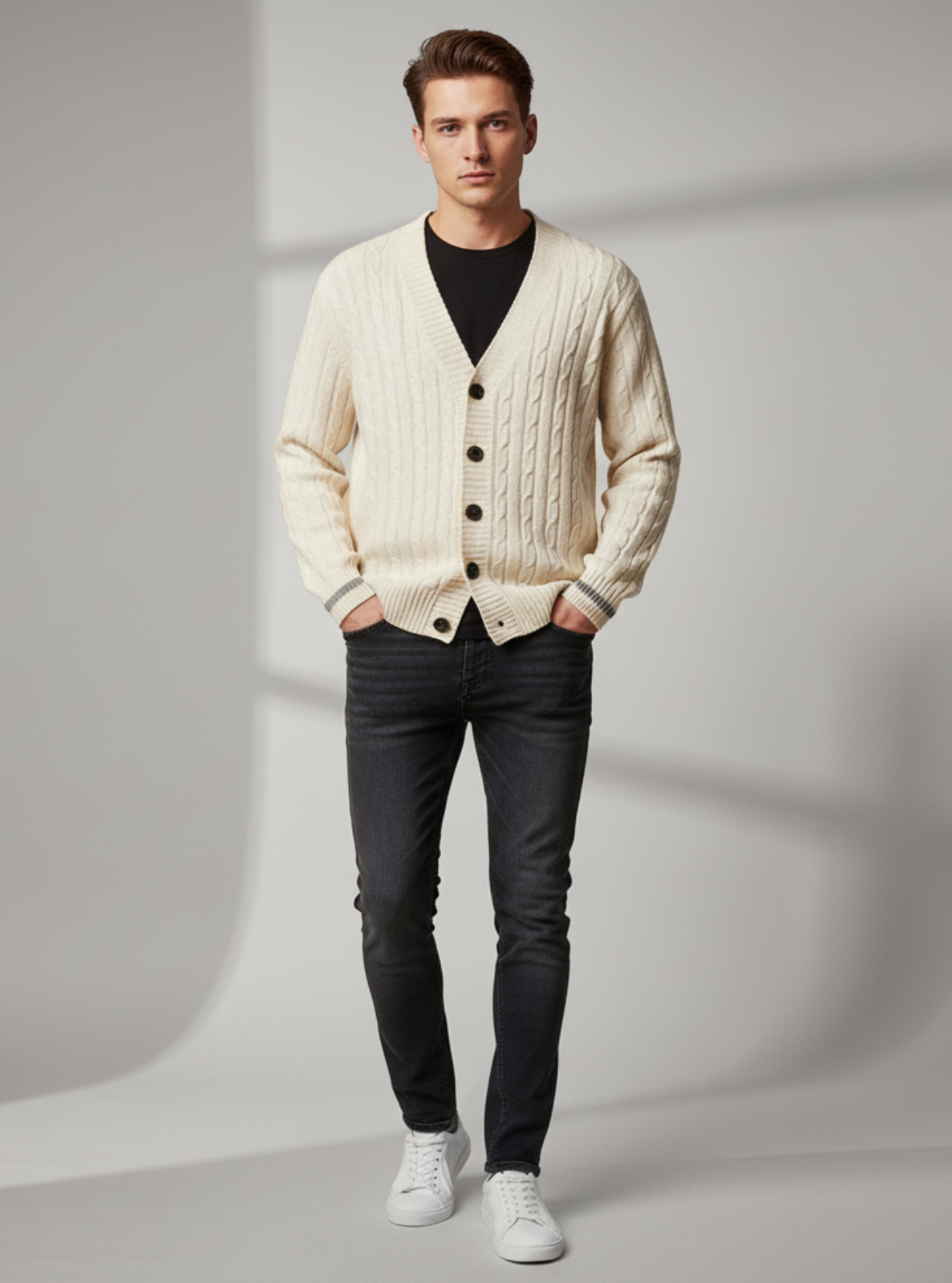 Man wearing a cream cardigan, black shirt, dark jeans, and white sneakers on a gray background