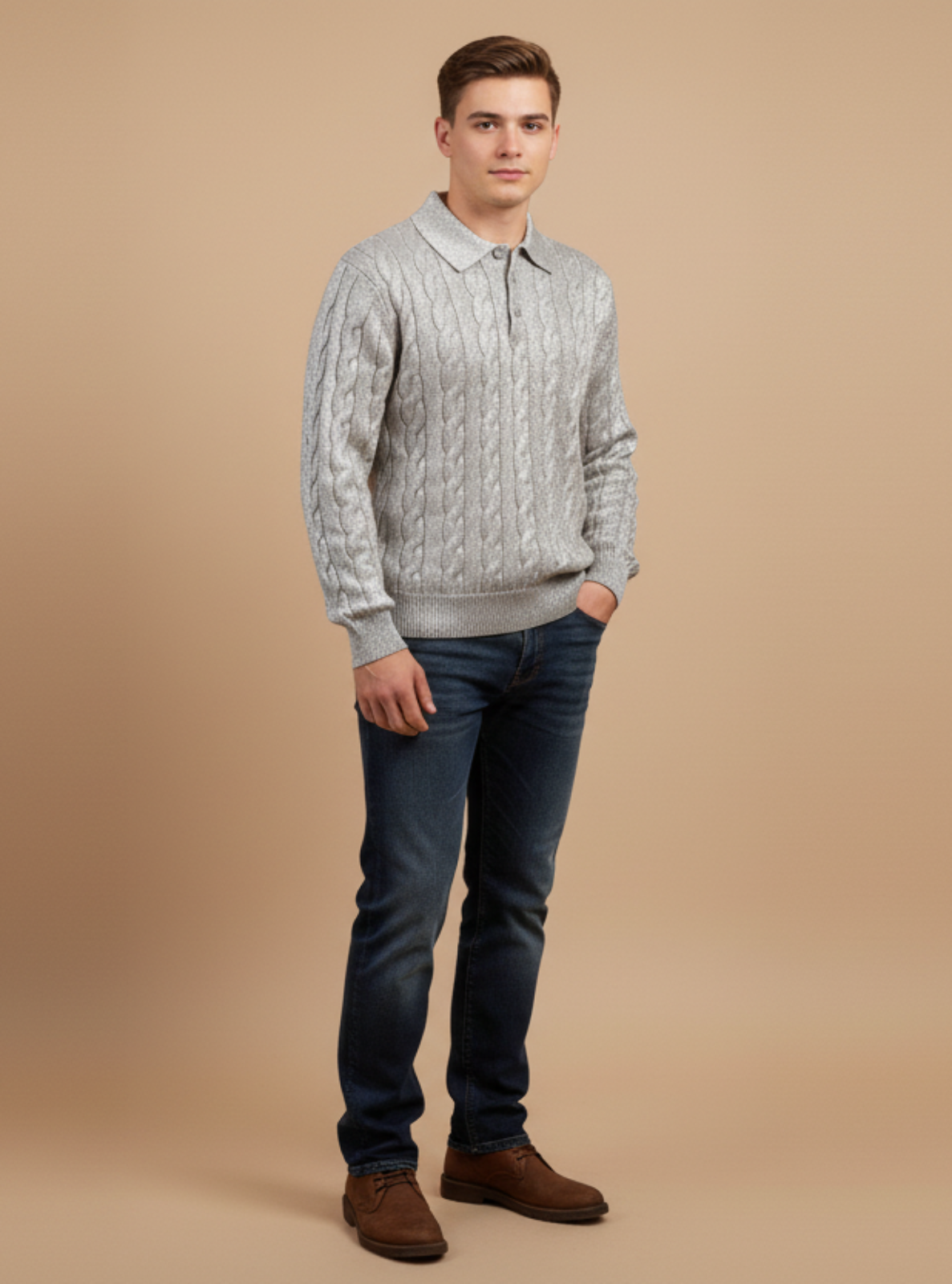 Man wearing a cable knit sweater and jeans on a beige background