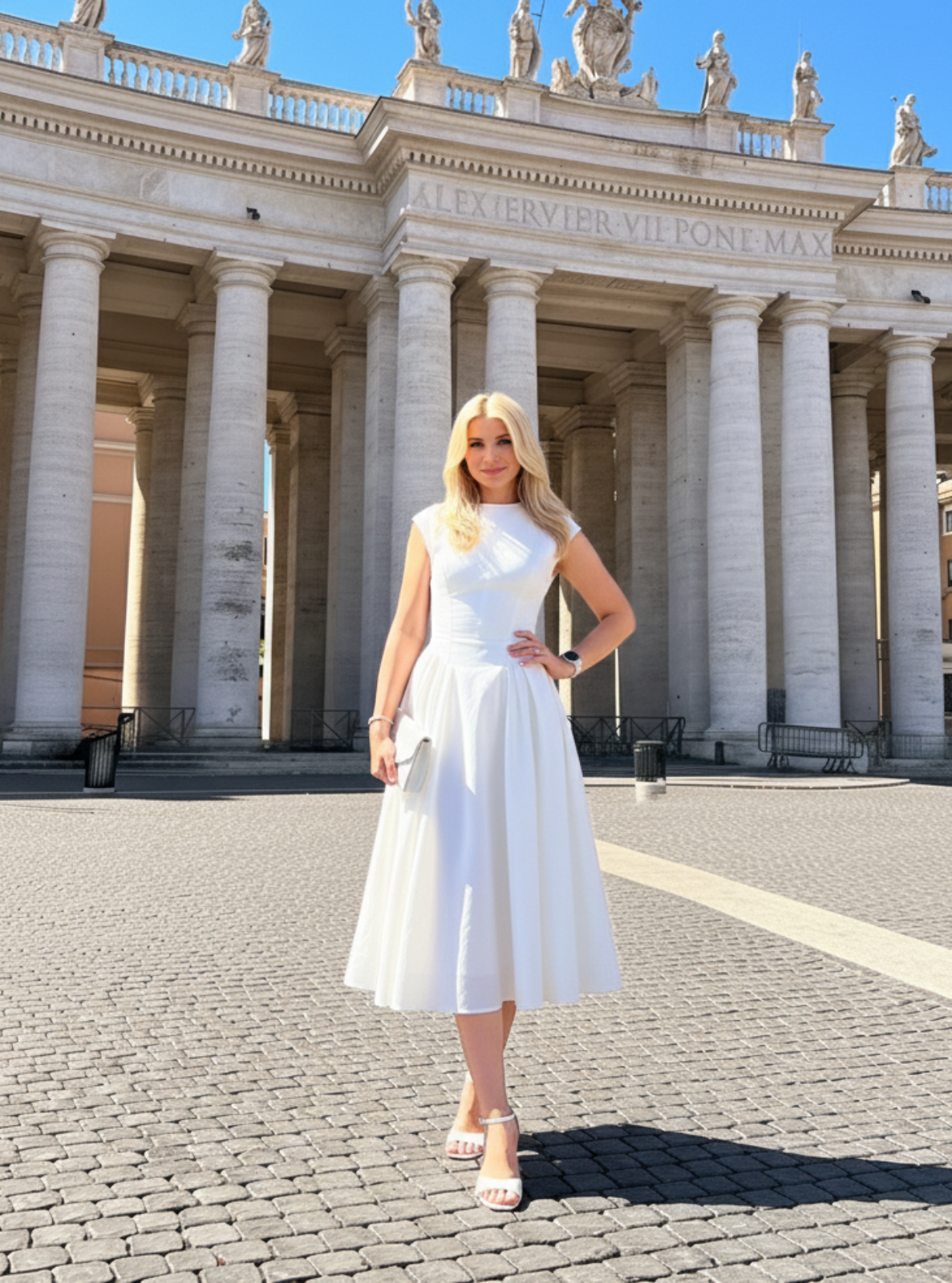 Woman in a white dress standing in front of a large architectural building with columns.