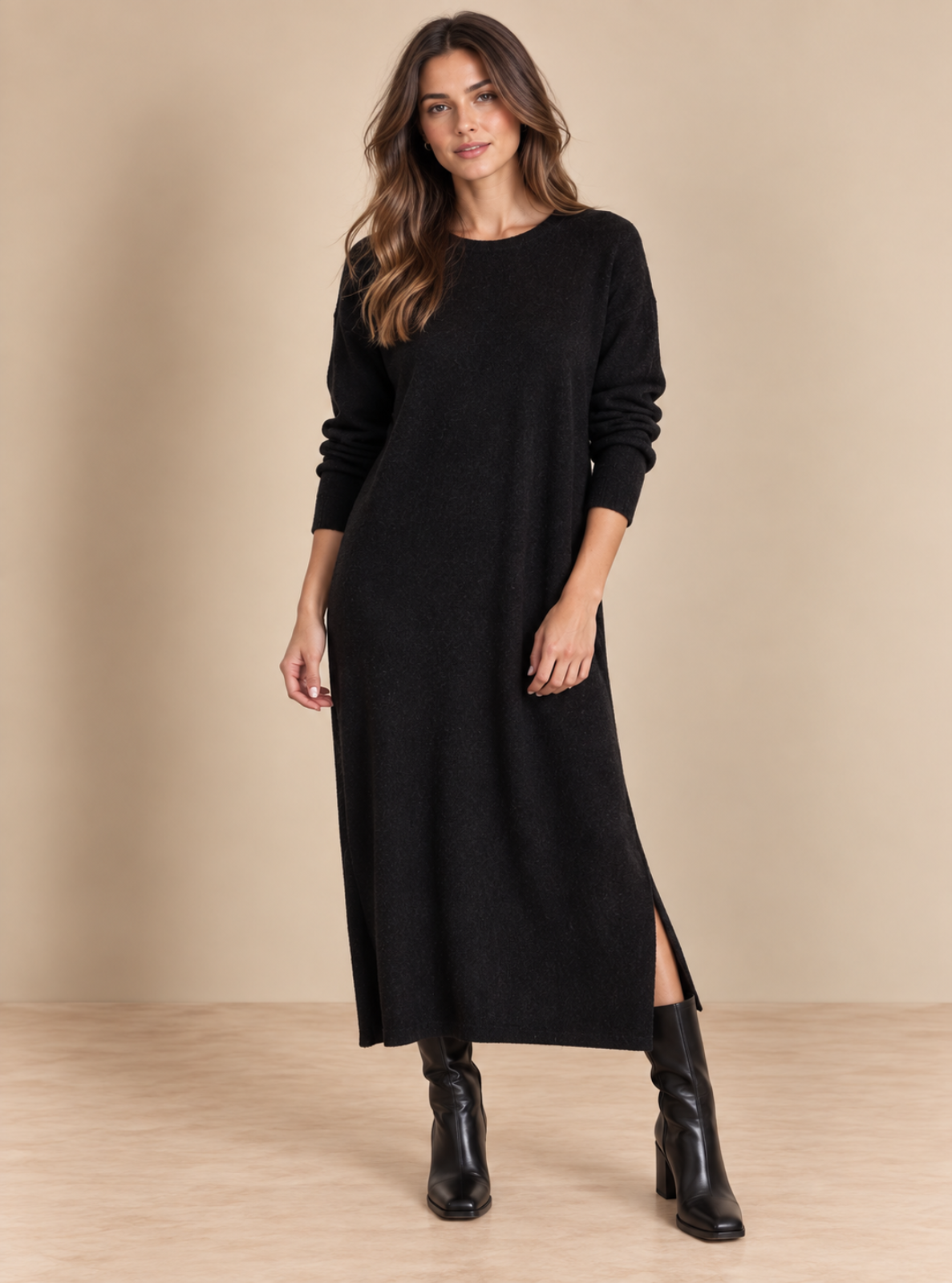 A woman modeling a black long-sleeve knit midi dress with a side slit, paired with black ankle boots, against a beige studio backdrop.