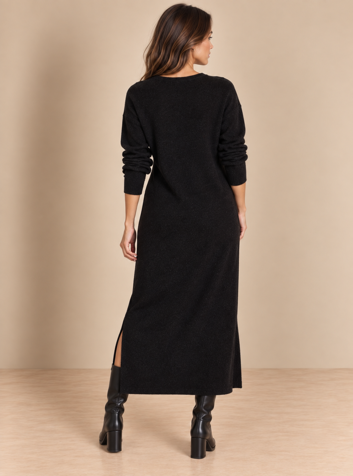 A woman wearing a black long-sleeve midi dress with a side slit, shown from the back against a beige studio backdrop.