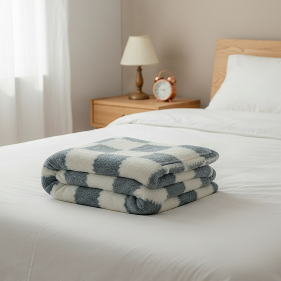 Folded checkered blanket on a bed in a bedroom setting