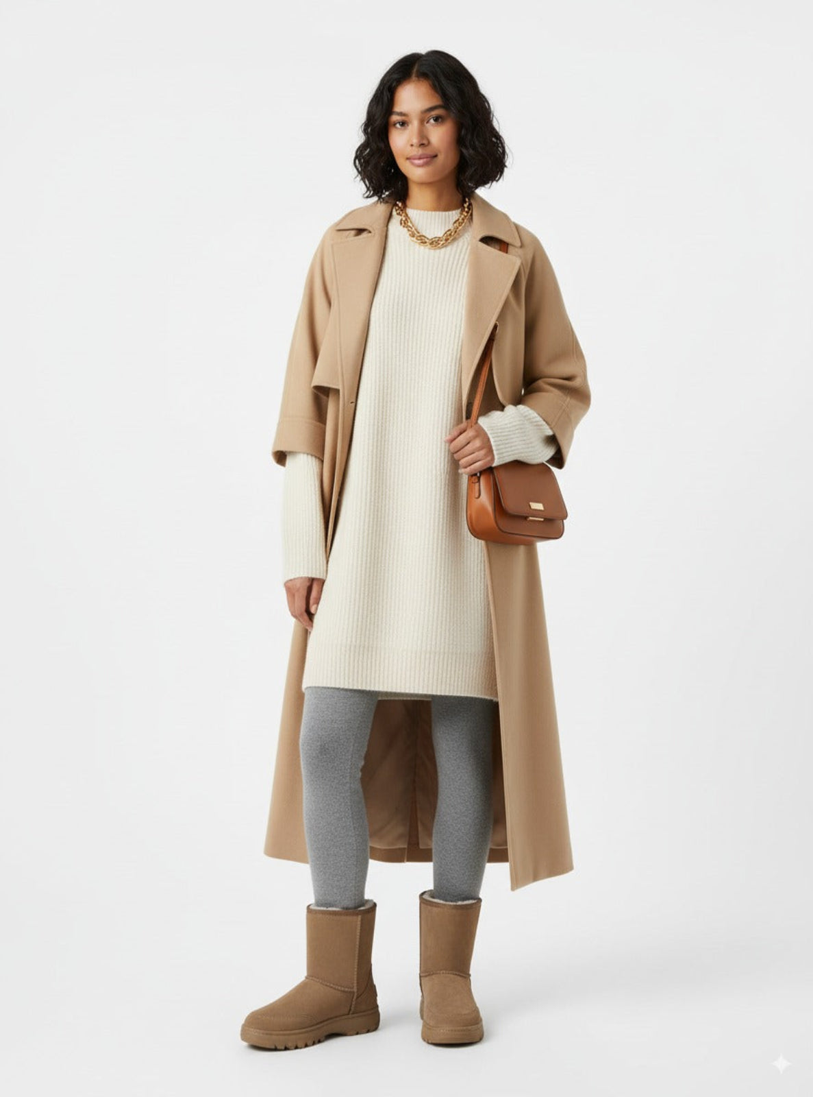 Woman wearing a beige coat, cream sweater, gray leggings, and brown boots on a white background