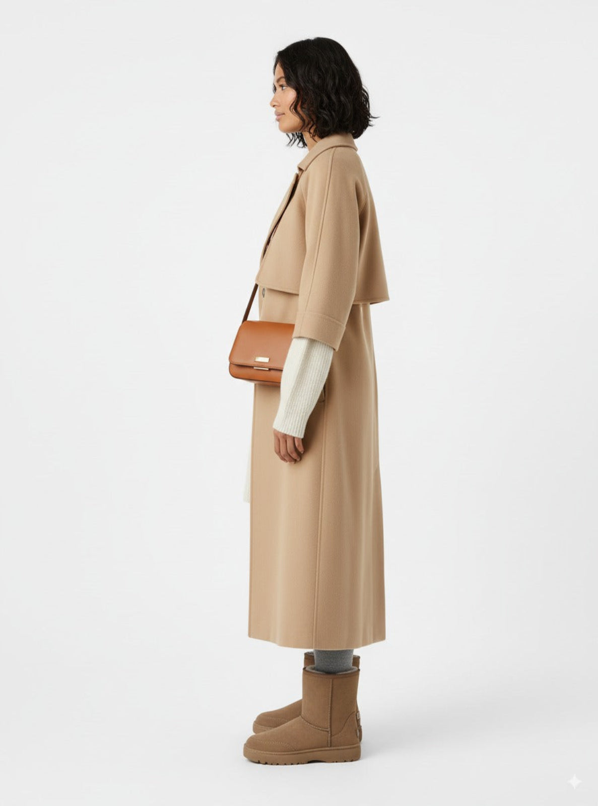 Woman wearing a beige coat with a brown bag on a white background
