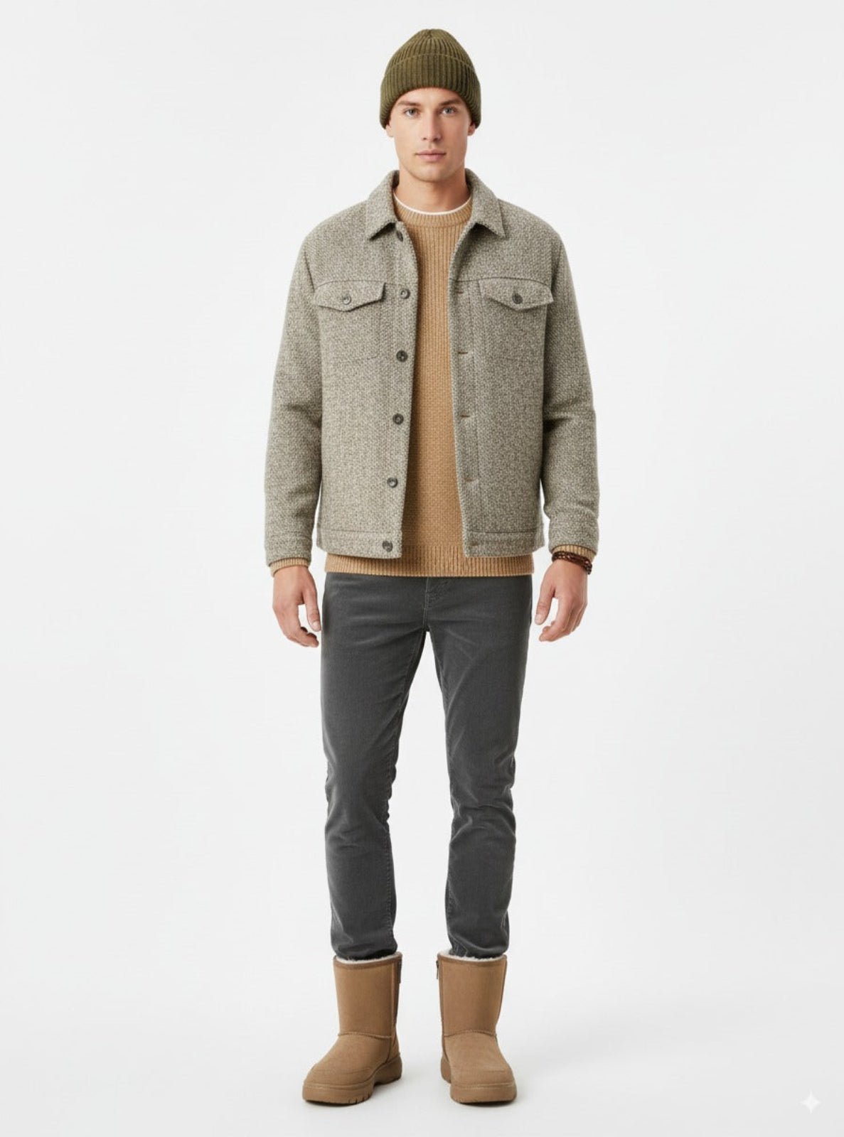 Man wearing a gray jacket, brown sweater, gray pants, and brown boots on a white background