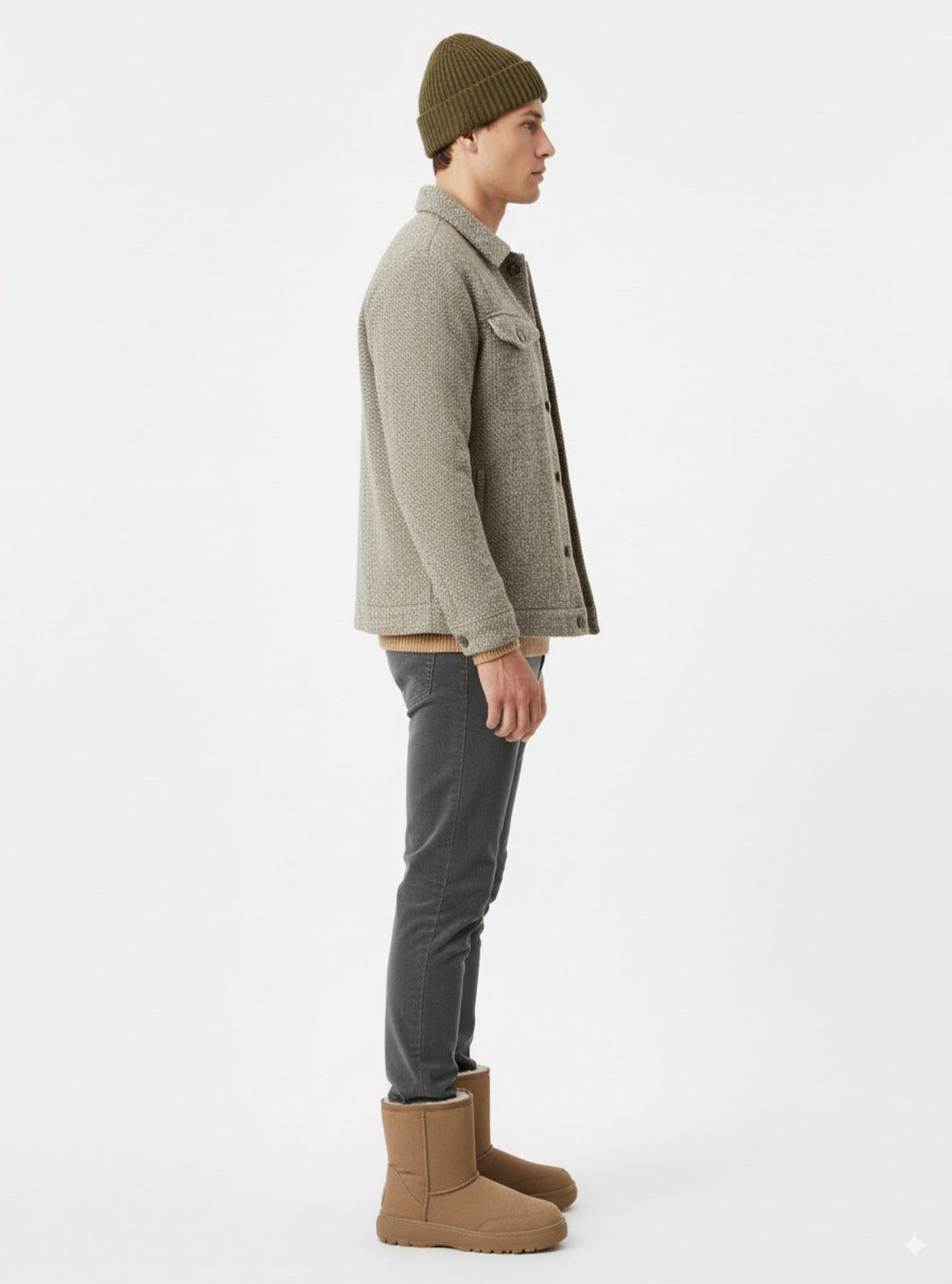 Person wearing a green beanie, gray jacket, gray pants, and brown boots on a white background