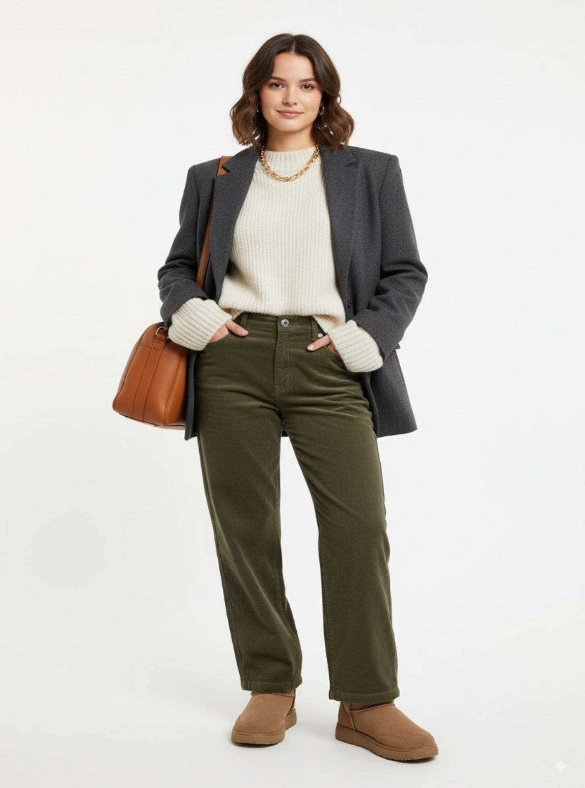 Woman wearing a gray blazer, white sweater, green pants, and brown boots on a white background