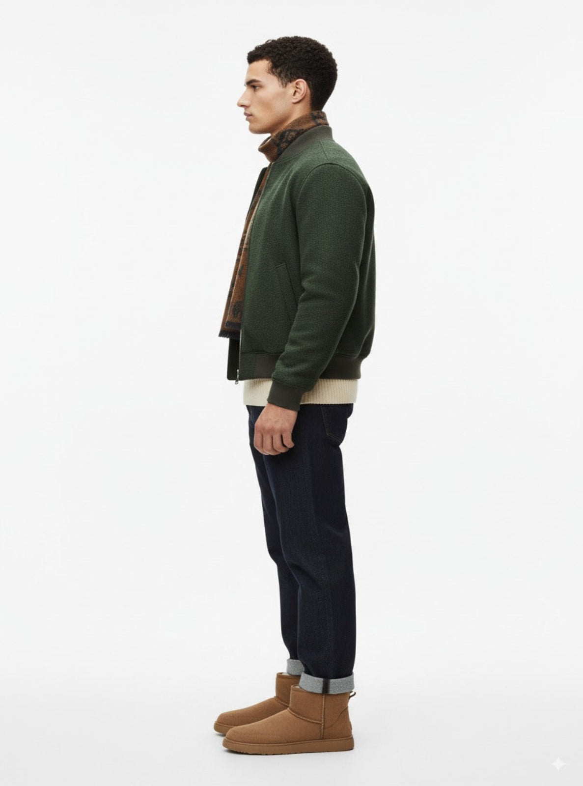 Man wearing a green jacket, beige shirt, black pants, and brown boots on a white background