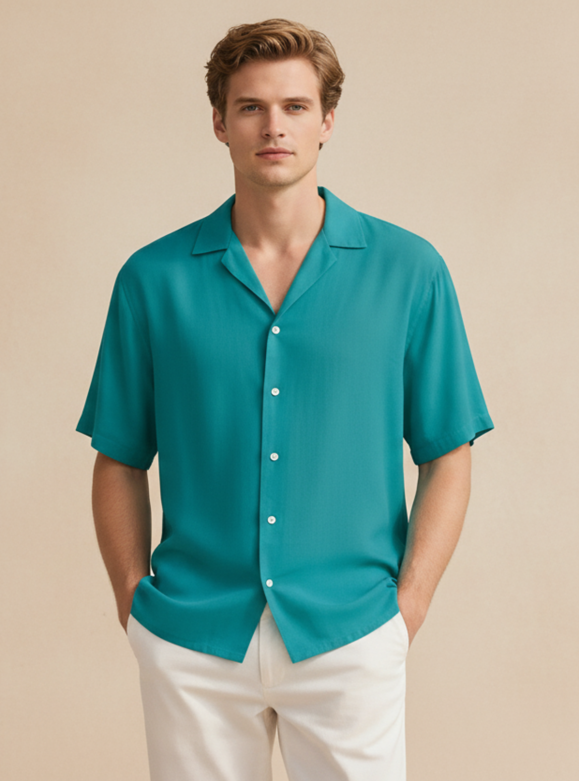 Man wearing a teal shirt and white pants against a beige background