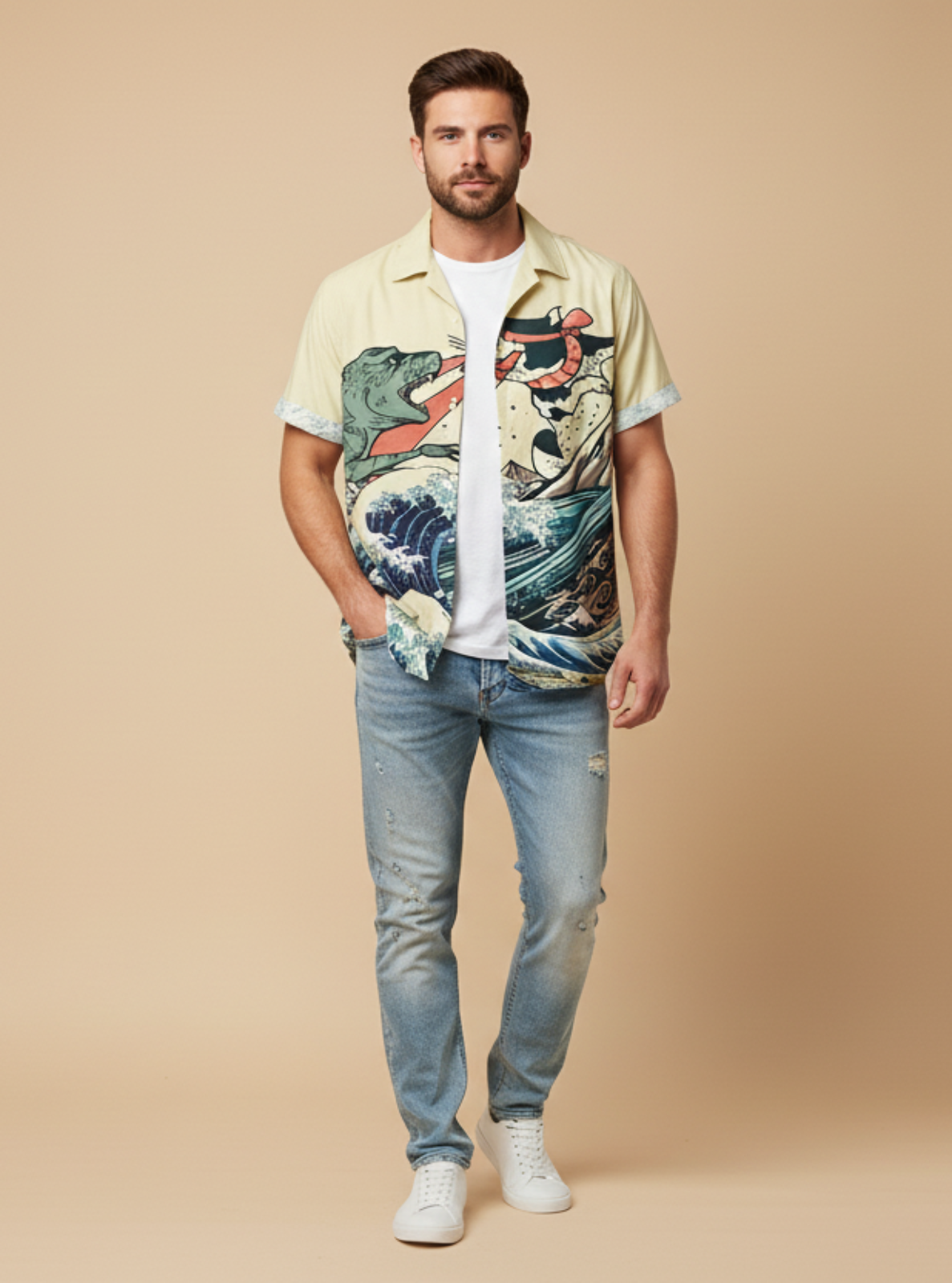 Man wearing a colorful shirt and jeans on a beige background