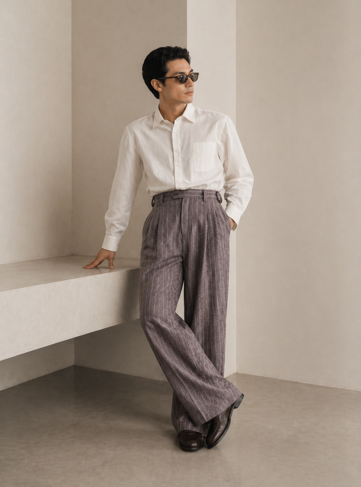 Person wearing a white shirt and gray pants standing against a plain wall.