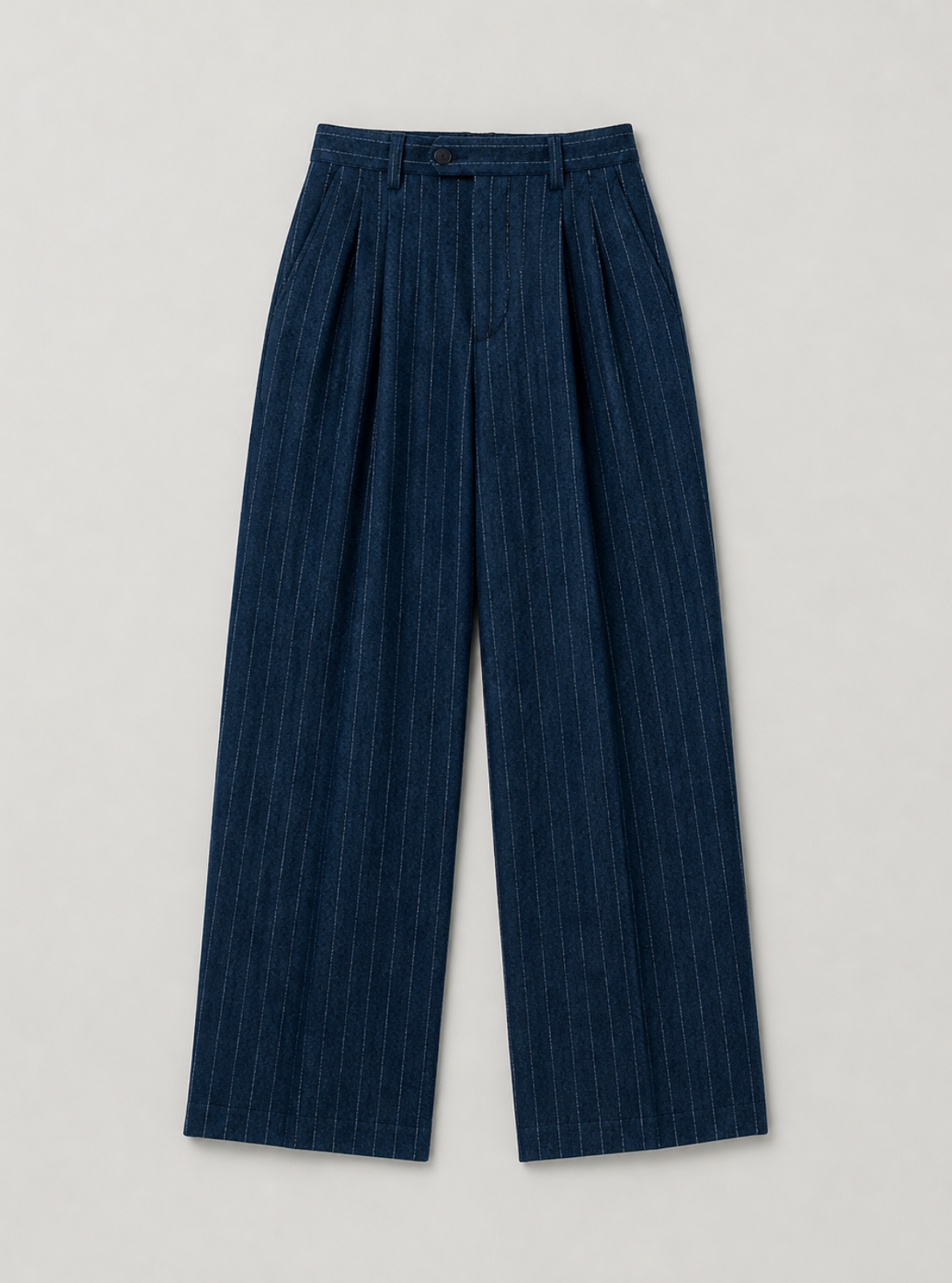 Blue pinstripe pants on a light gray background