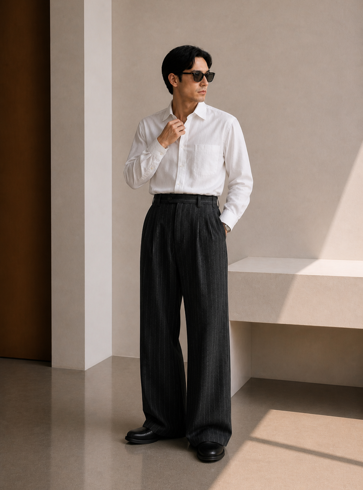 Man wearing a white shirt and black pants in a minimalistic room.