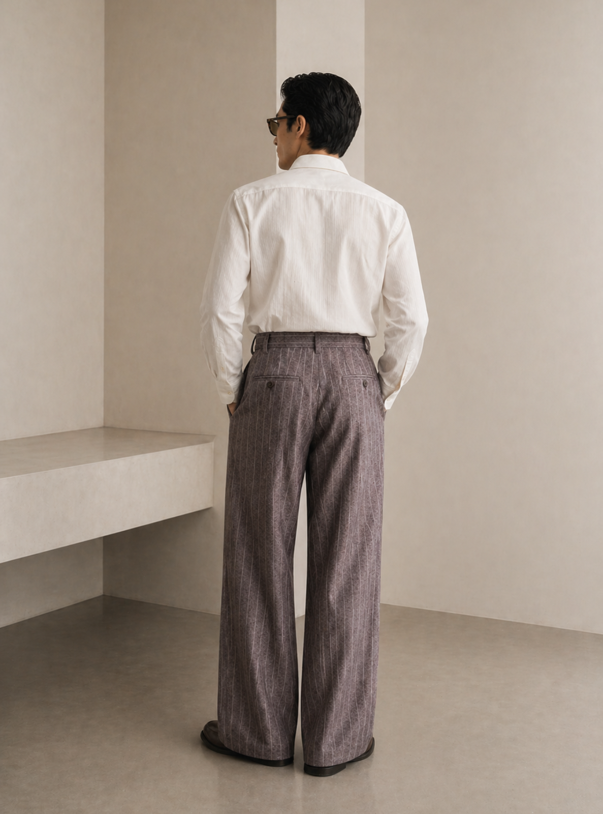 Person wearing a white shirt and gray pants standing in a minimalistic room.