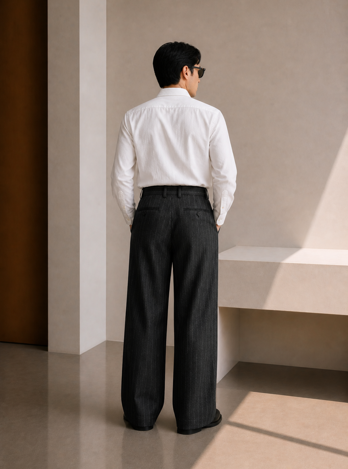 Person wearing a white shirt and black pants standing in a minimalistic room with a light brown wall and concrete floor.