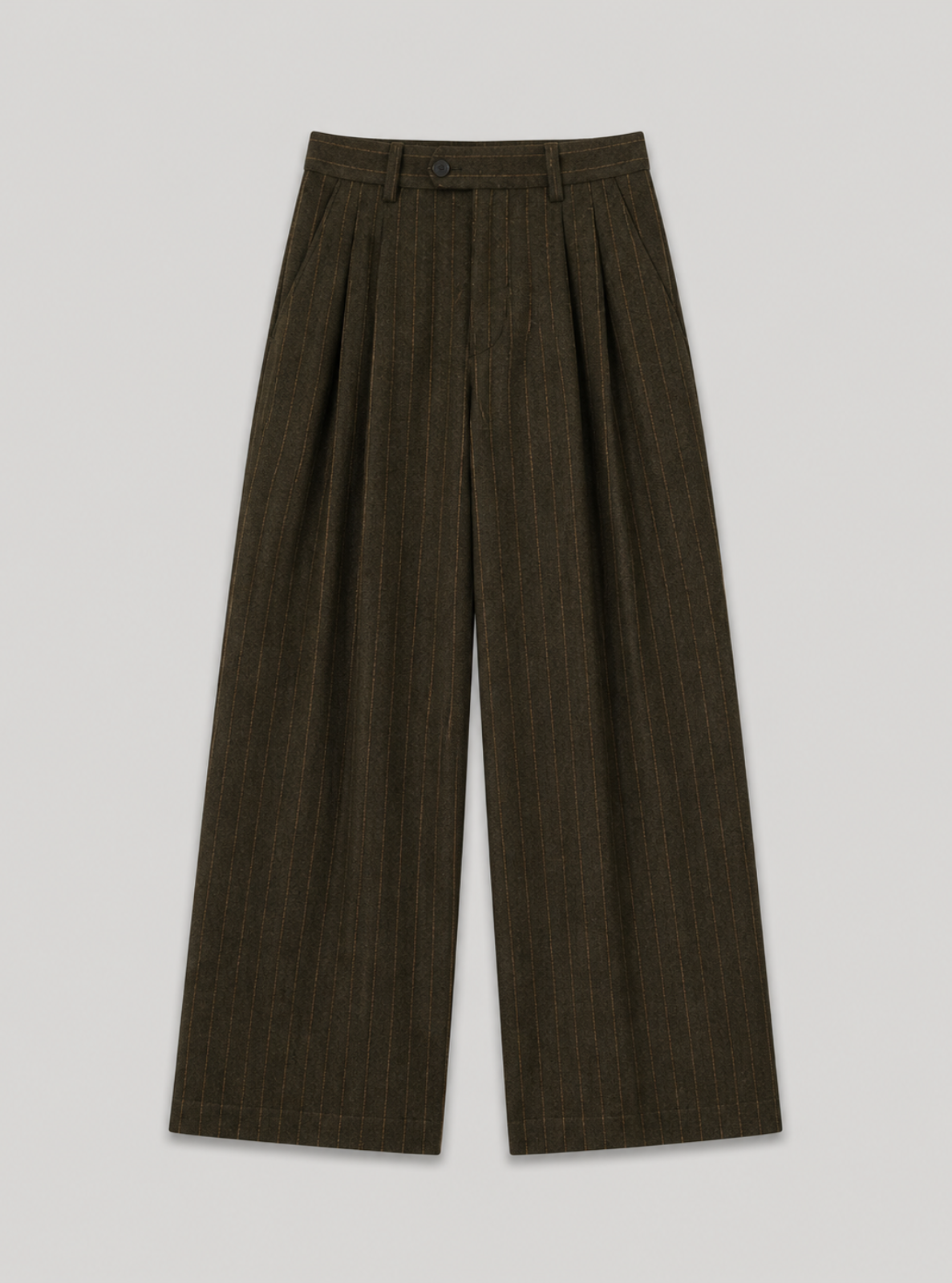 Brown pleated pants on a light gray background