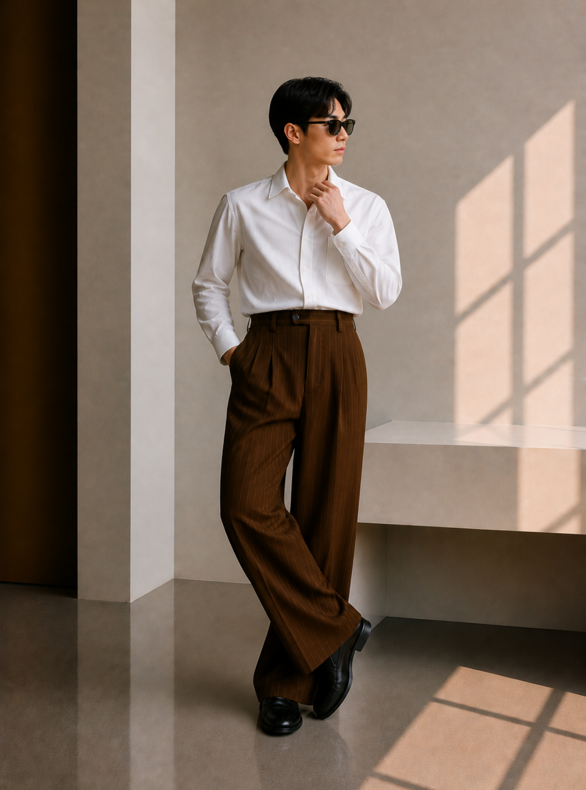 Person wearing a white shirt and brown pants standing in a sunlit room.