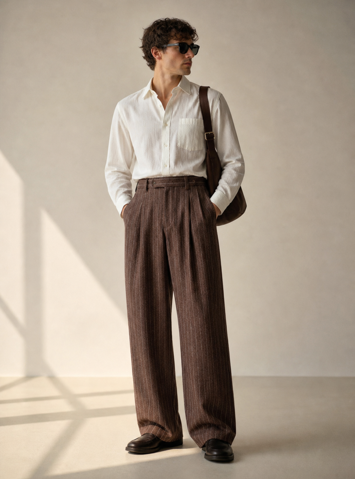 Man wearing a white shirt and brown trousers with a bag, standing against a plain background
