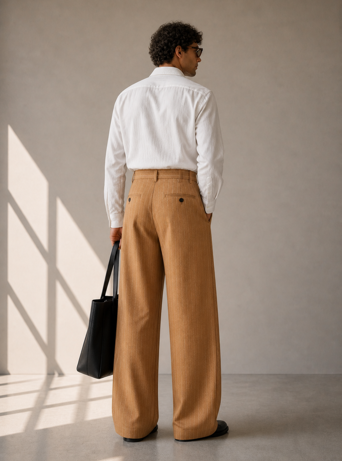 Person wearing a white shirt and brown pants holding a black bag against a plain wall.