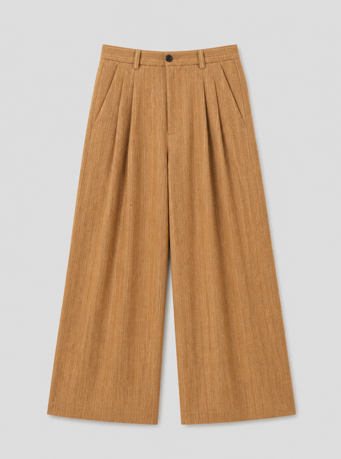 Brown pleated pants on a light gray background