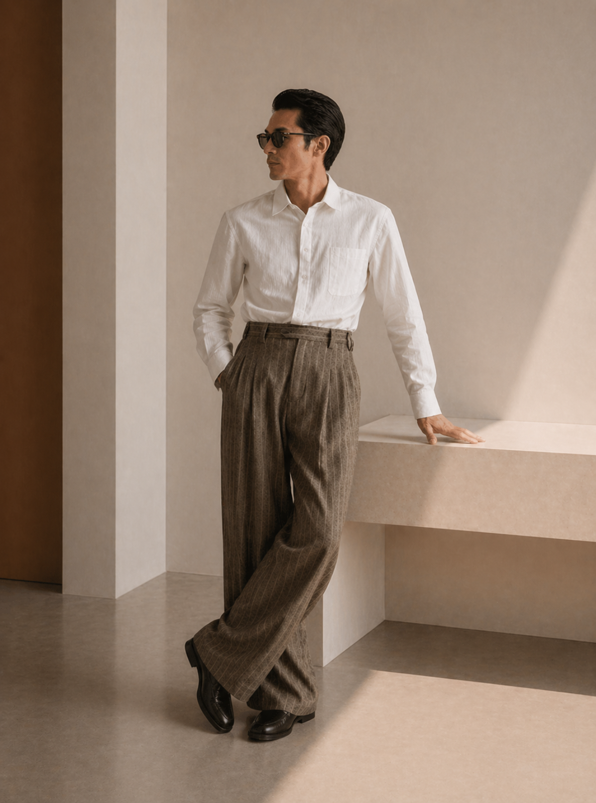 Man wearing a white shirt and brown pants in a minimalistic setting