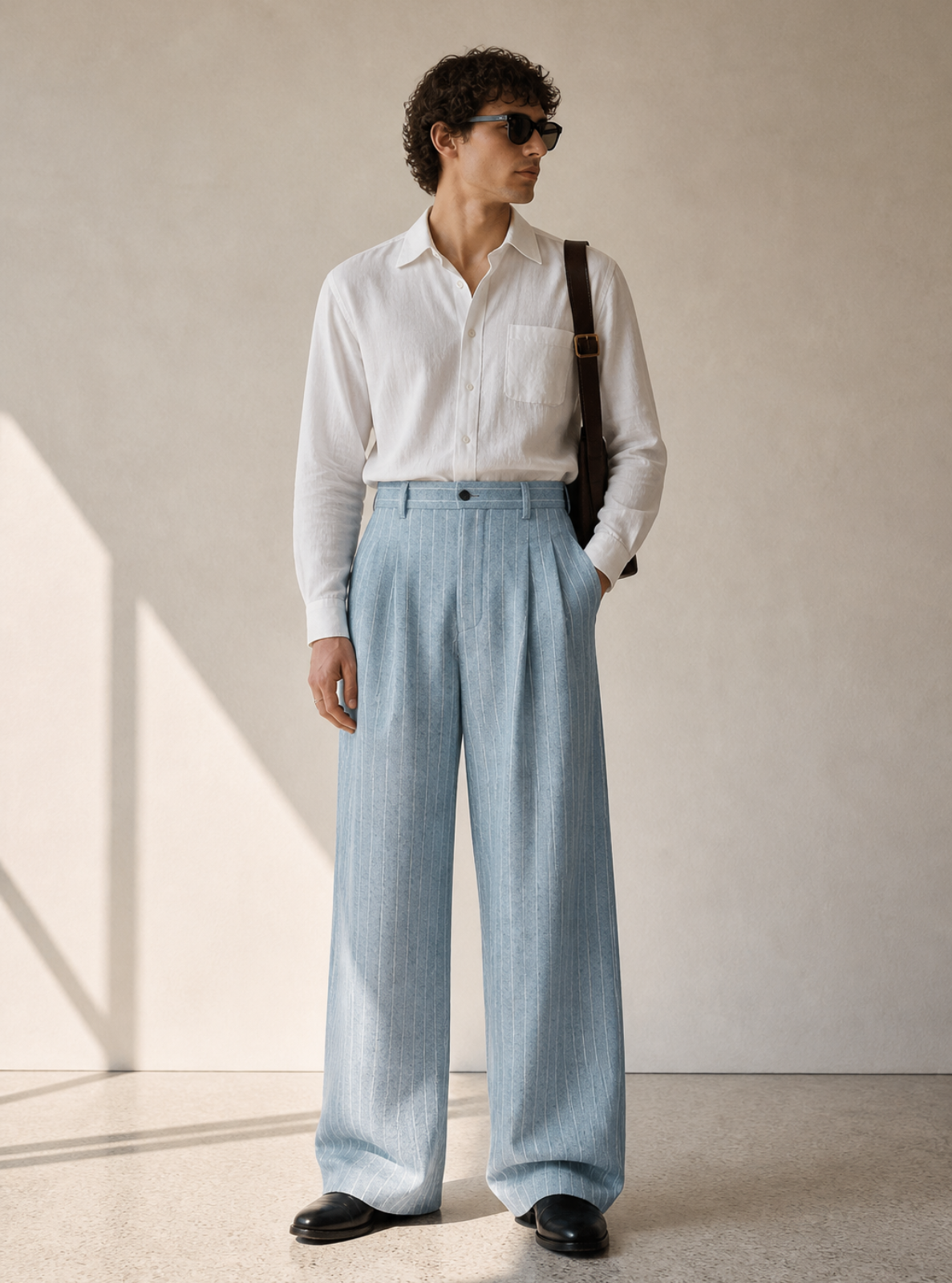 Man wearing a white shirt and light blue pants with a brown bag against a beige wall.