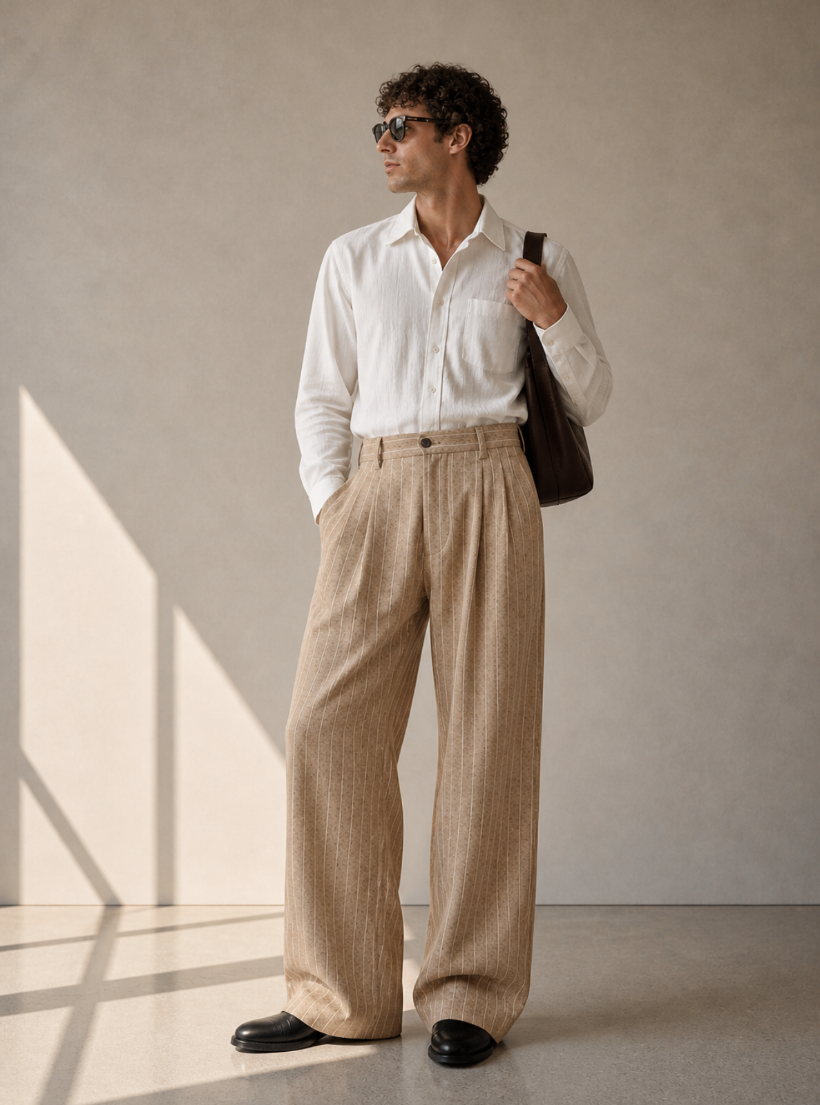 Man wearing a white shirt and beige pants holding a black bag against a neutral background