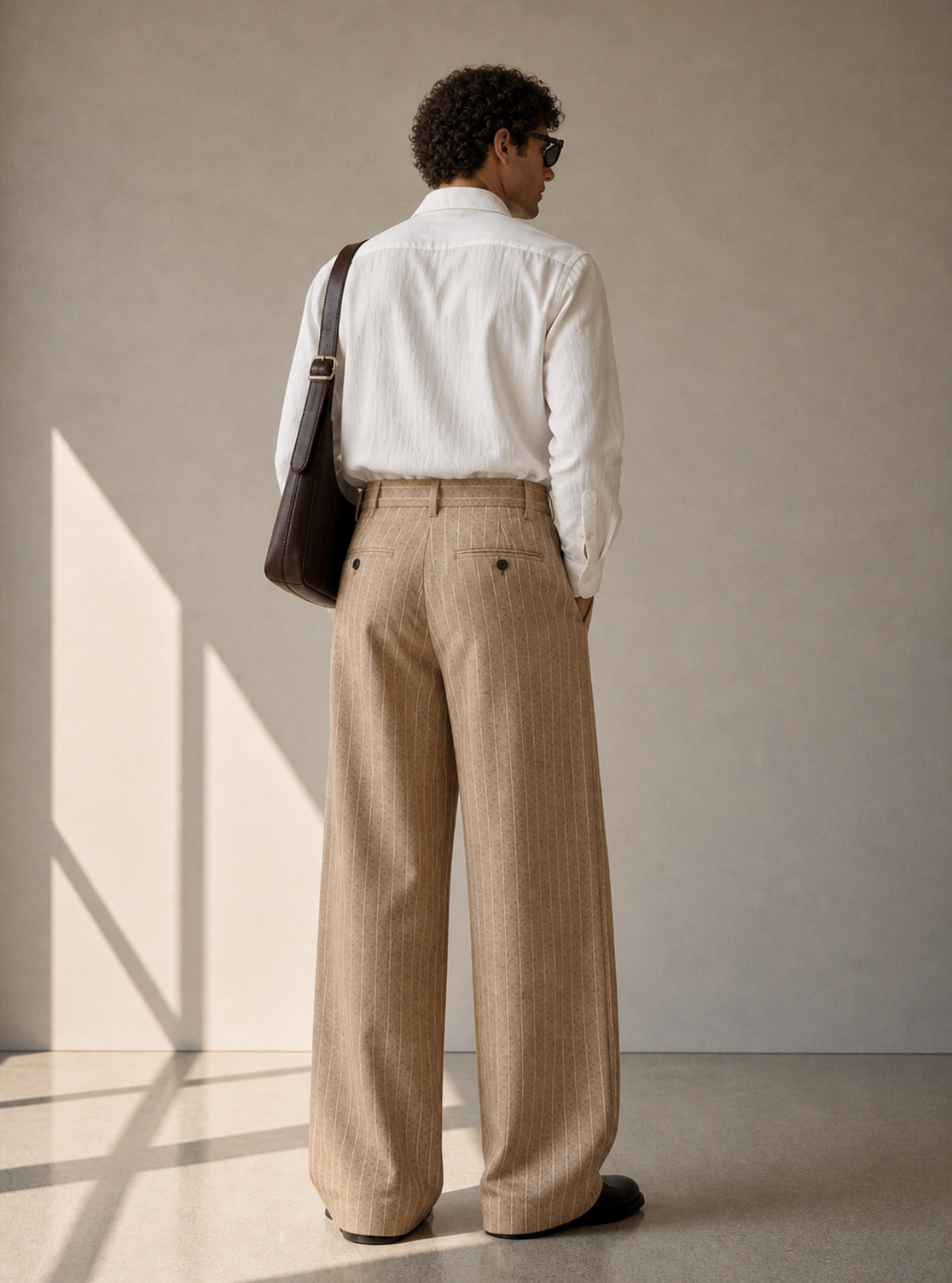 Person wearing a white shirt and beige pants against a plain wall.