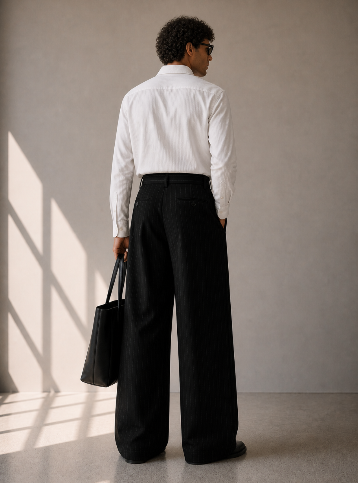 Person wearing a white shirt and black pants holding a black bag against a neutral wall.